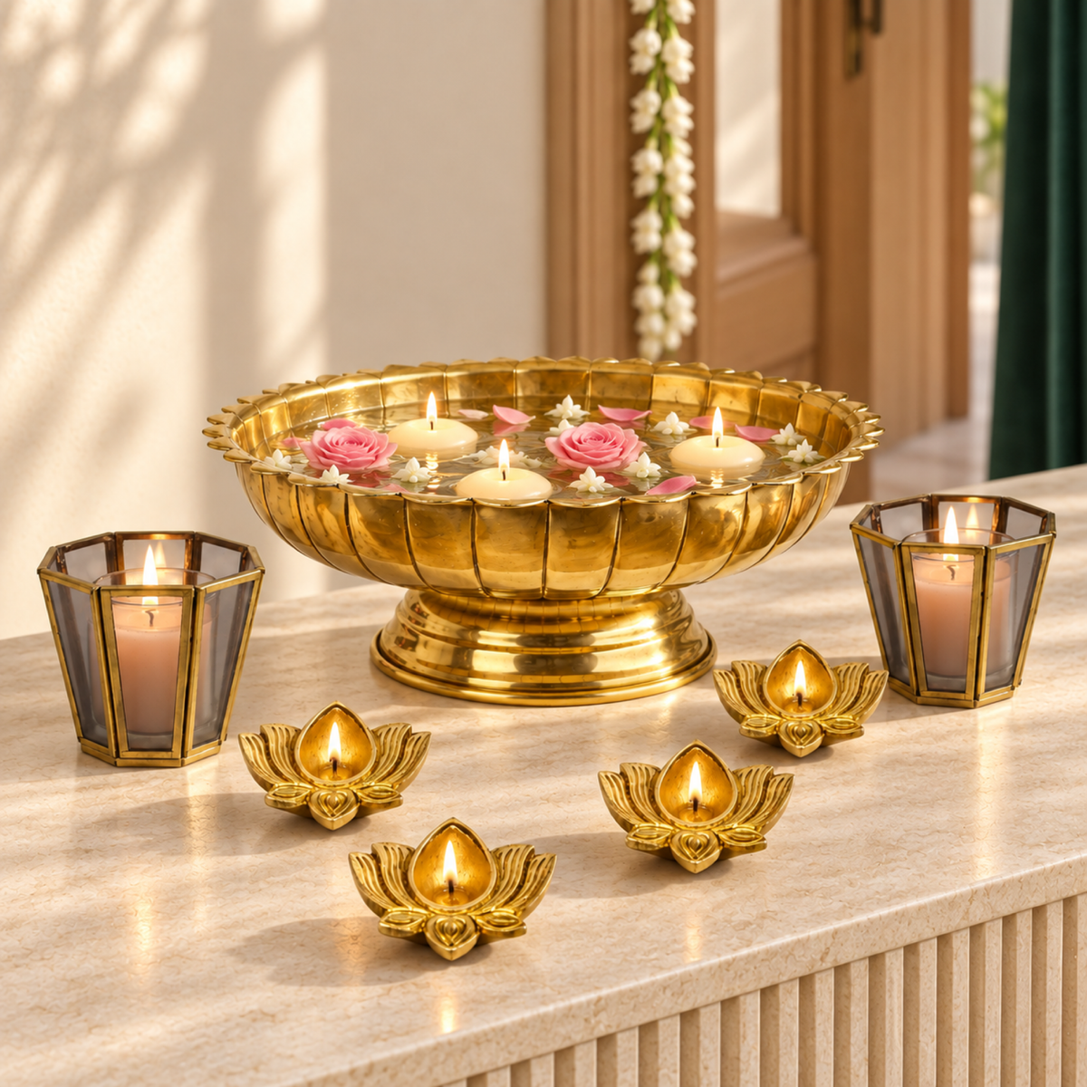 Lotus Urli Centrepiece Set - Gold Urli with Diyas & Votives