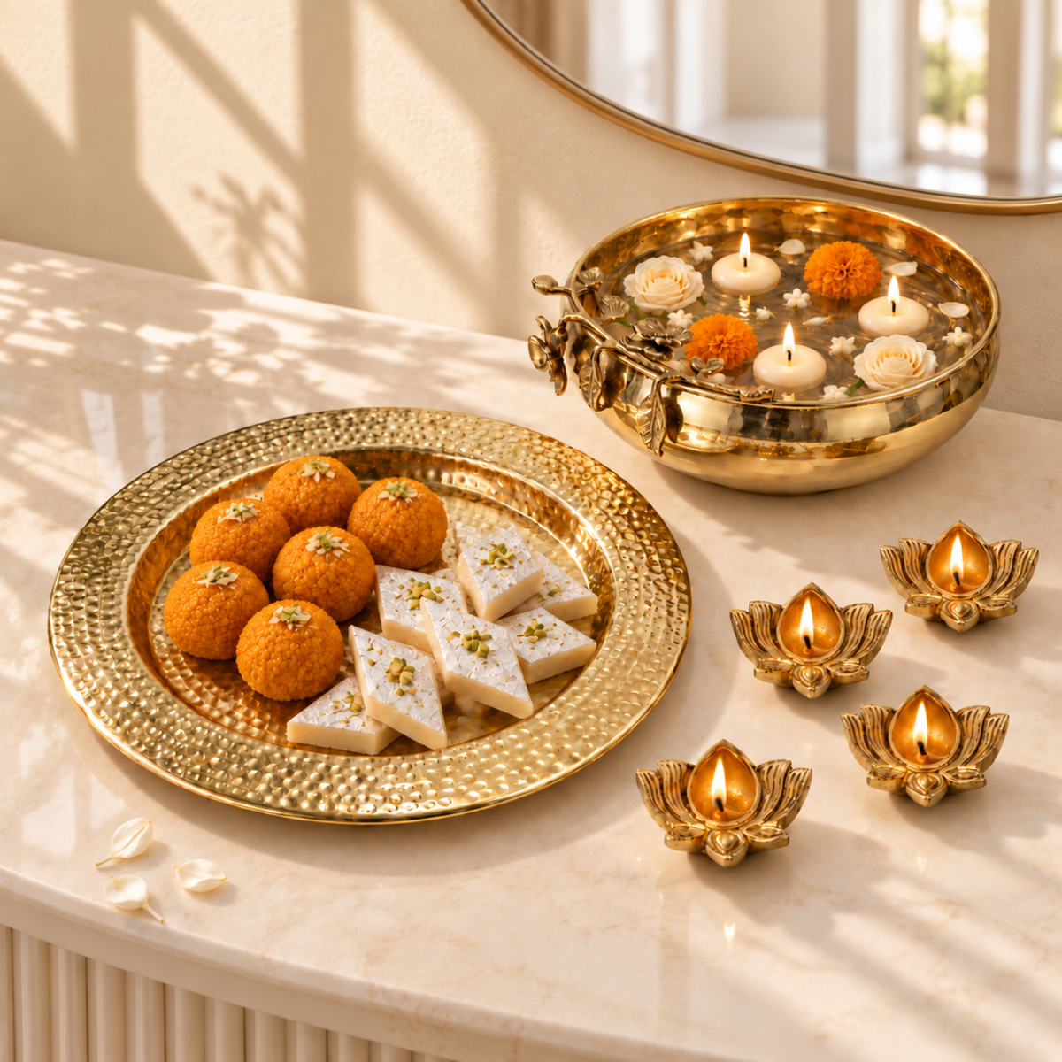 Mehak Brass Urli Signature Set - Statement Urli, Platter & Diyas