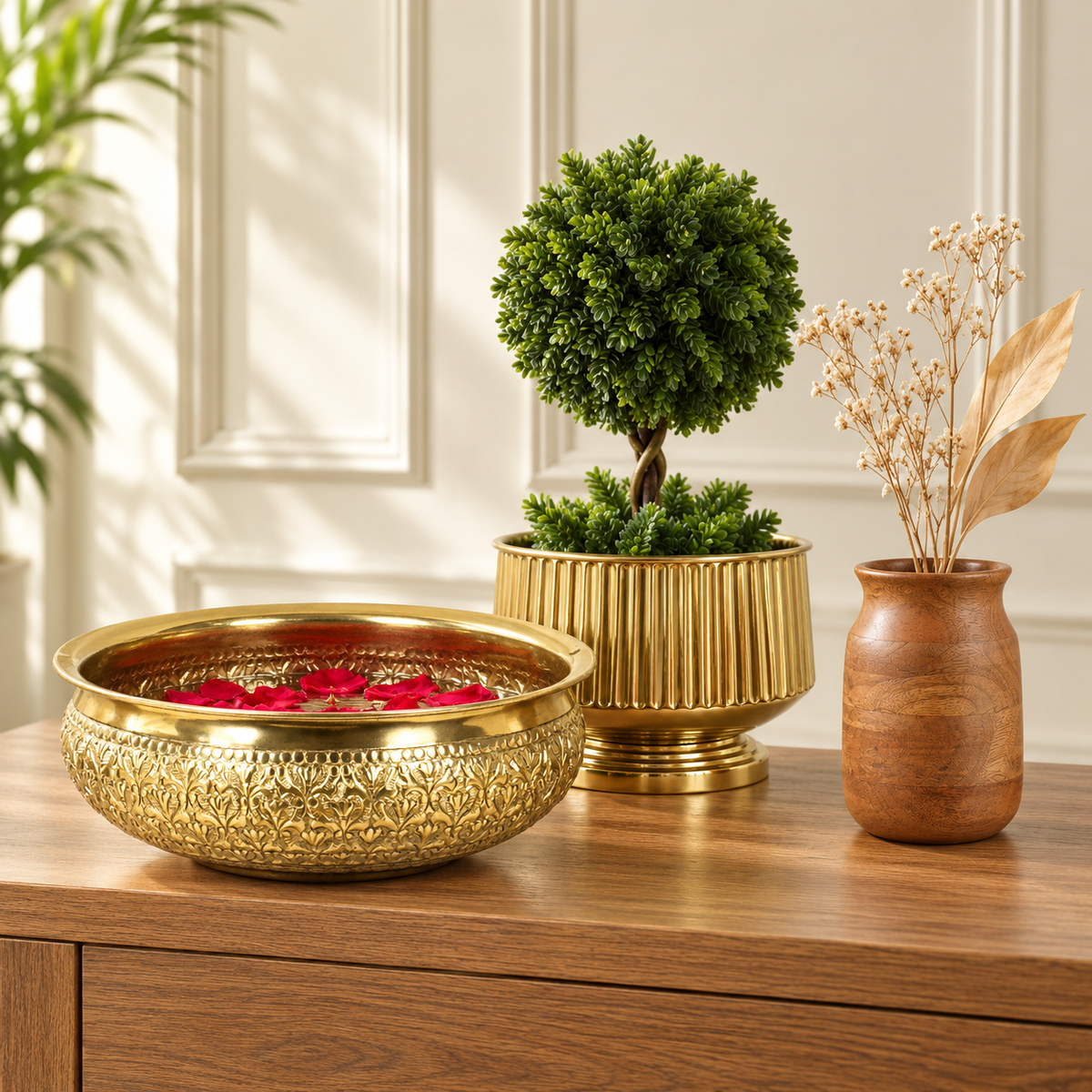 Chitai console styling trio arranged on a hallway console