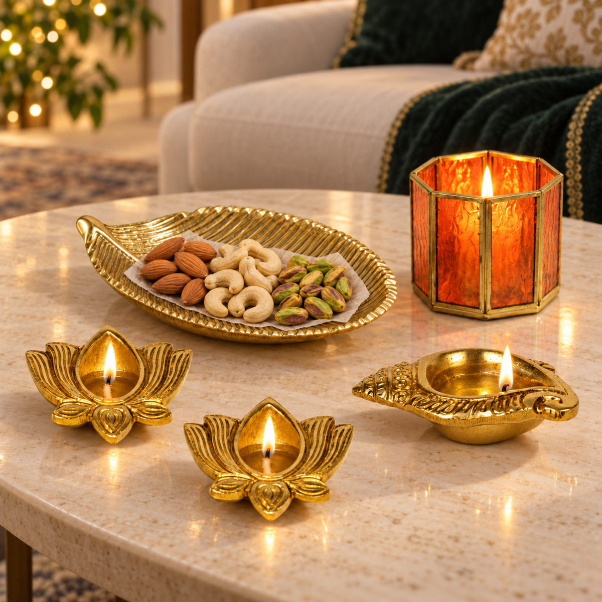 Diwali Ghar Ki Shobha - Brass Diya & Gold Platter Gift Set
