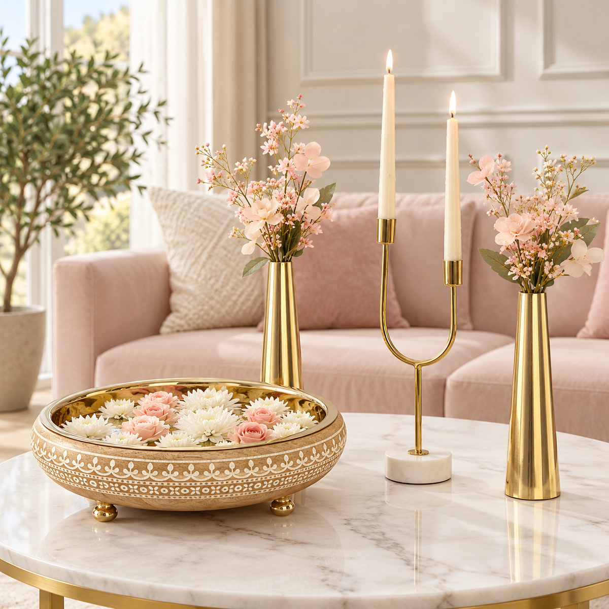 Virasat urli console styling set on a round marble table with blossom stems in gold cone vases