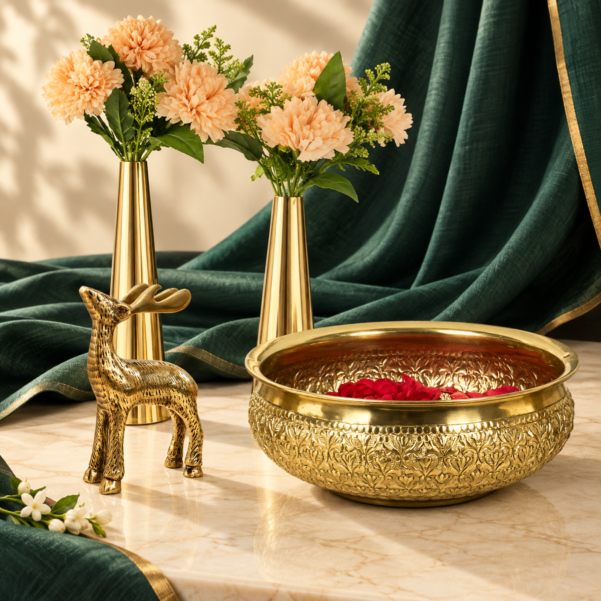 Festive Table Styling Set - Gold Urli, Cone Vases & Deer Showpiece