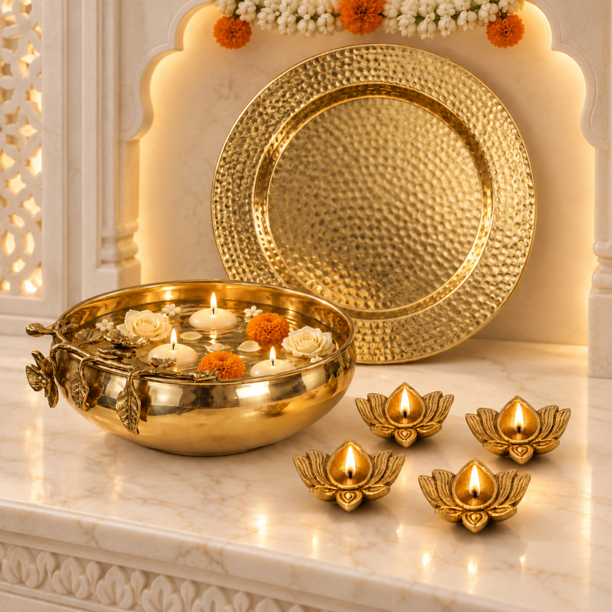 Mehak Brass Urli Signature Set - Statement Urli, Platter & Diyas