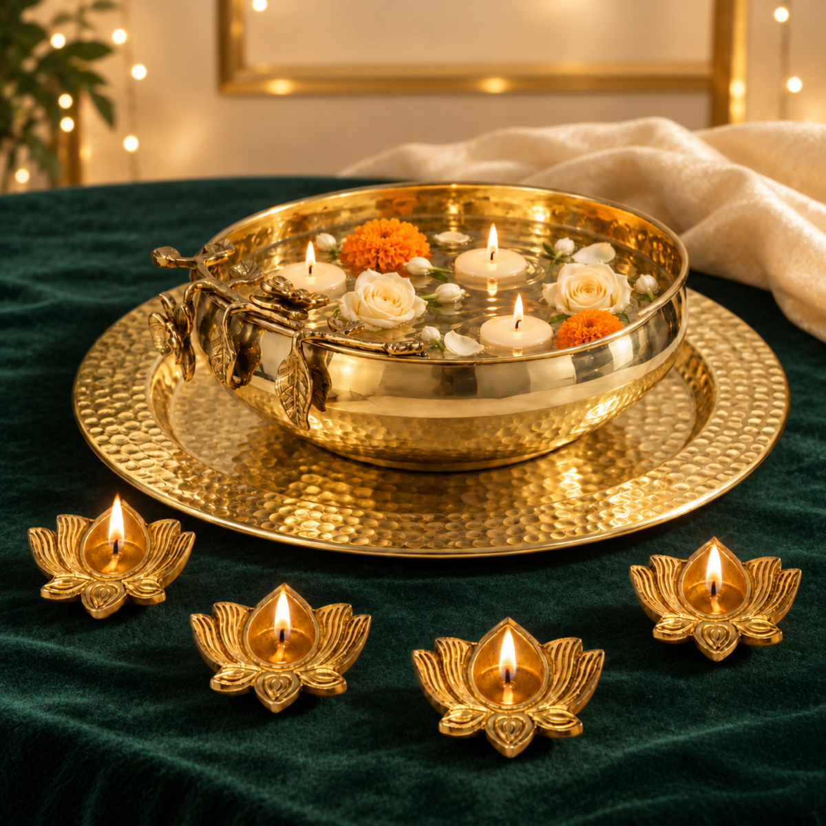 Mehak Brass Urli Signature Set - Statement Urli, Platter & Diyas