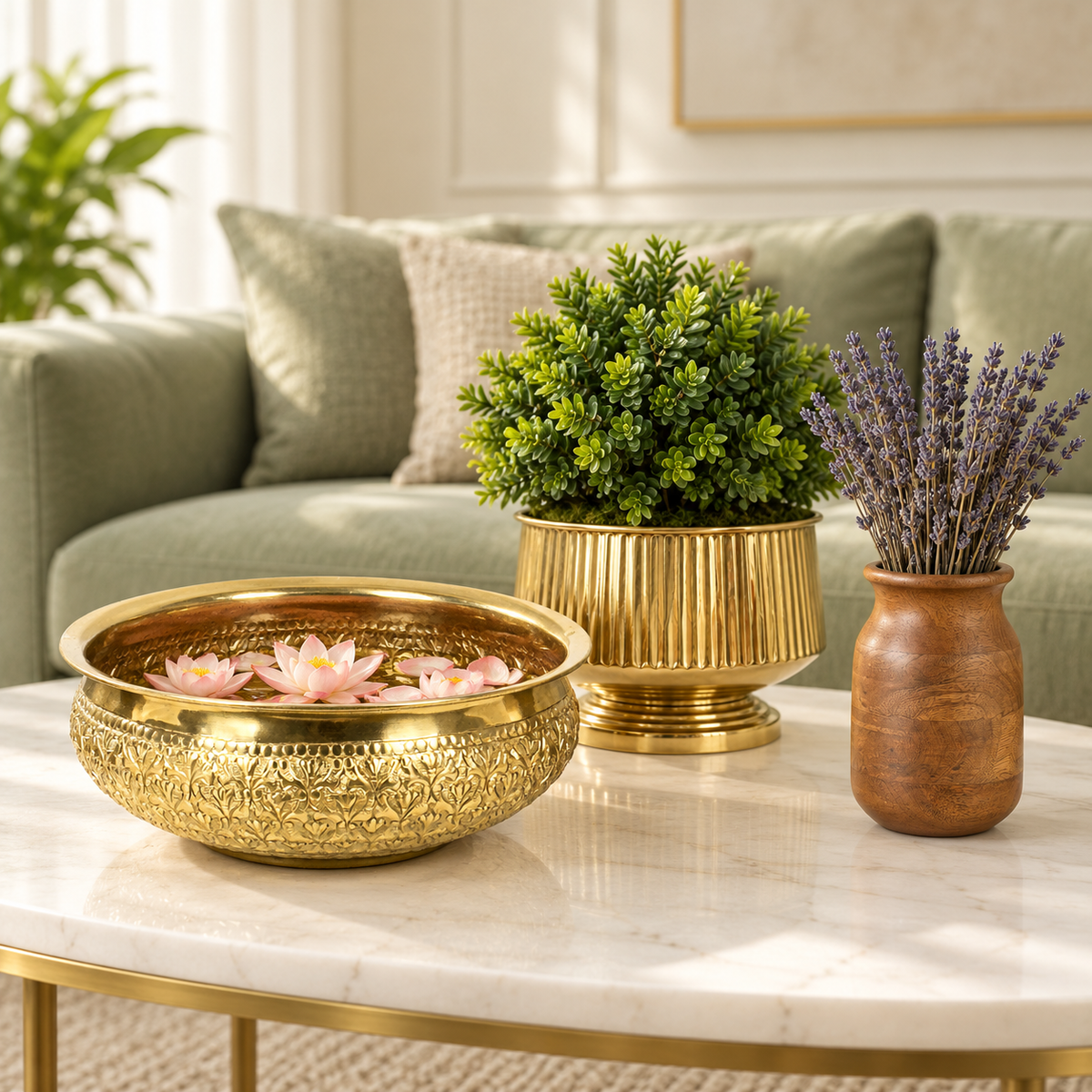 Console styling set of gold urli, planter and wooden vase at three heights