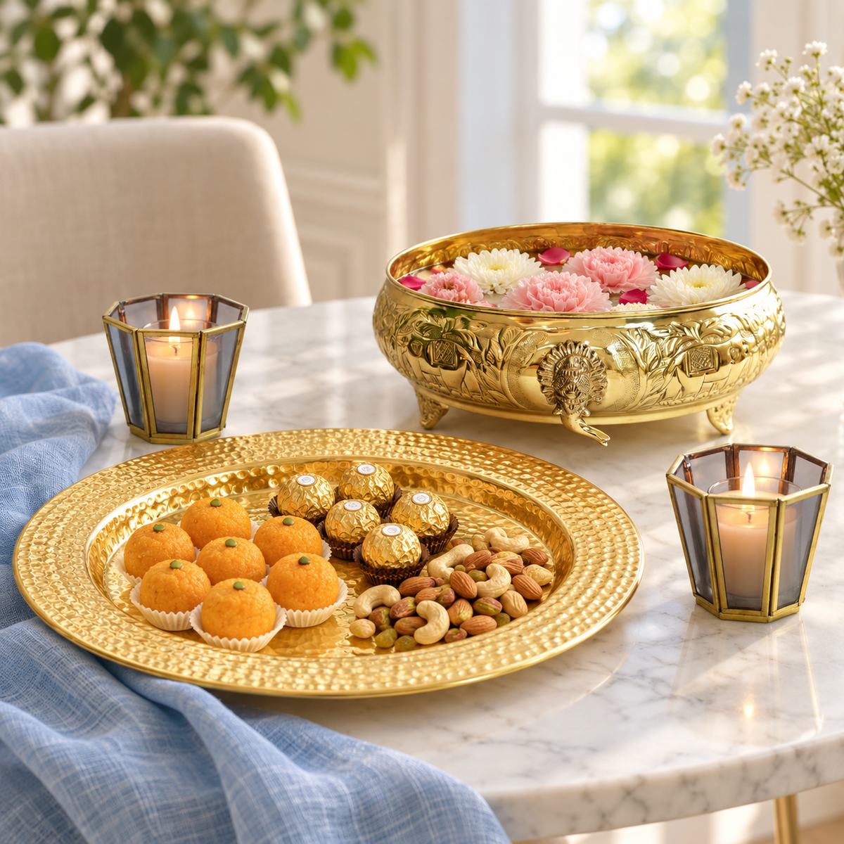 Grey glass votives and Gajgamini brass urli arranged as a Diwali centrepiece