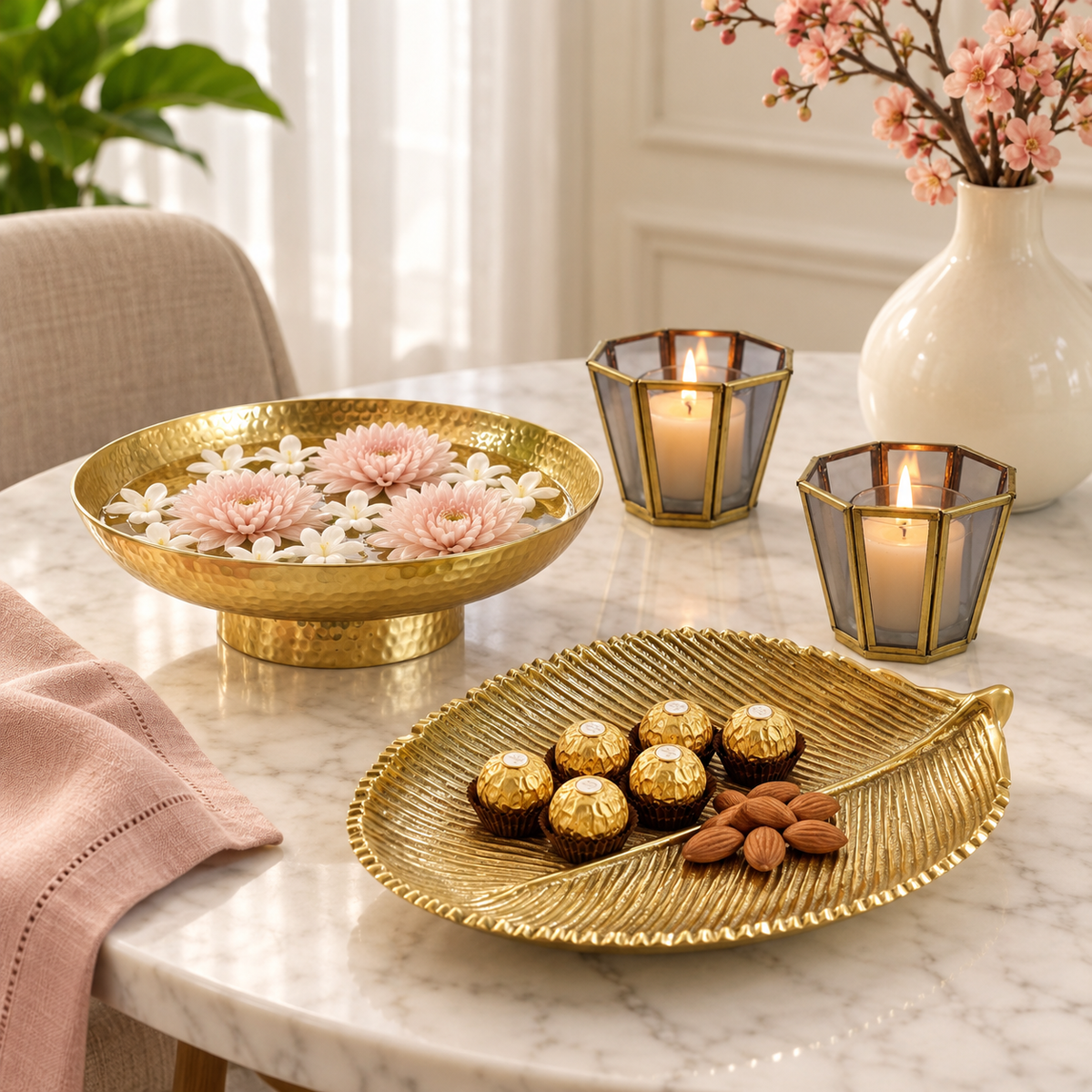 Kanchan urli centrepiece set with candlelight for Diwali