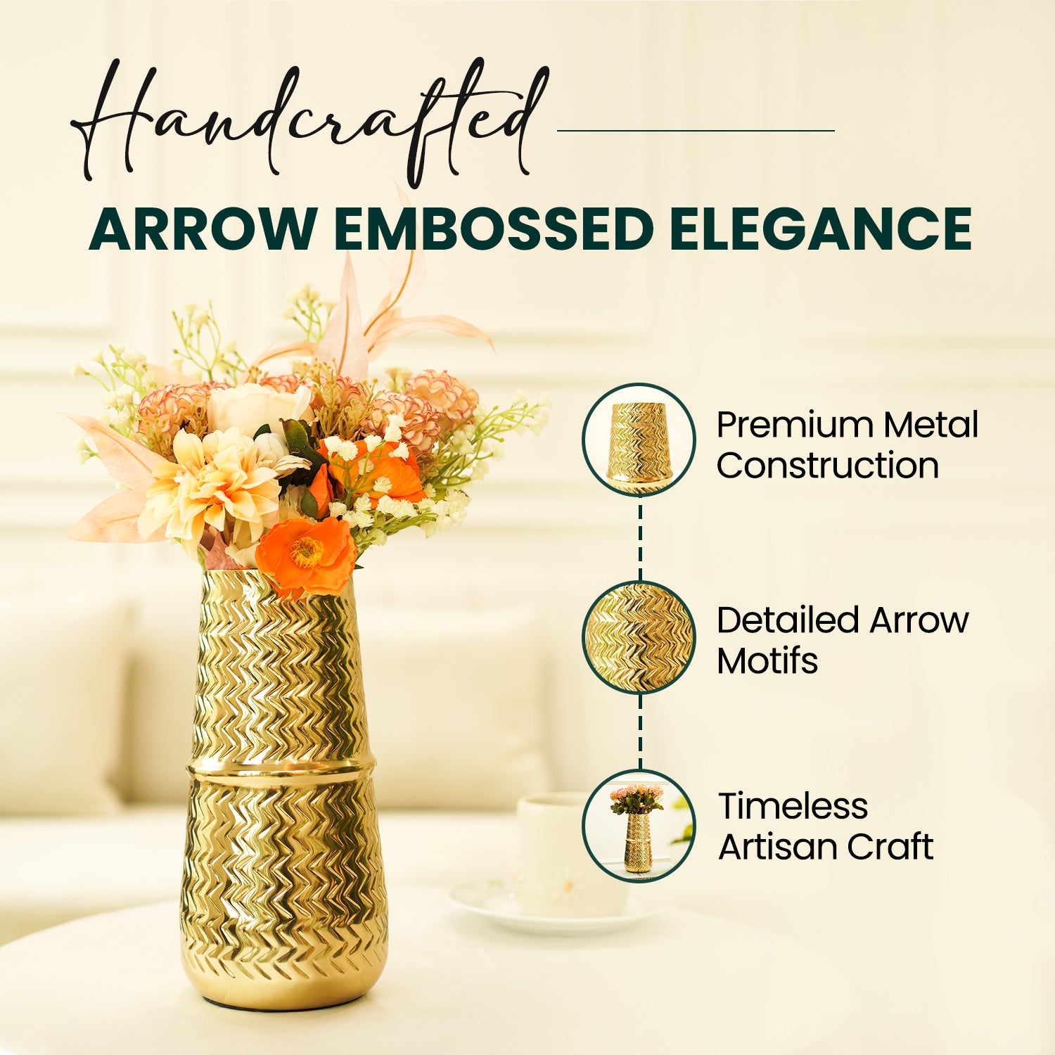 Arrow Embossed Metal Vase | Gold