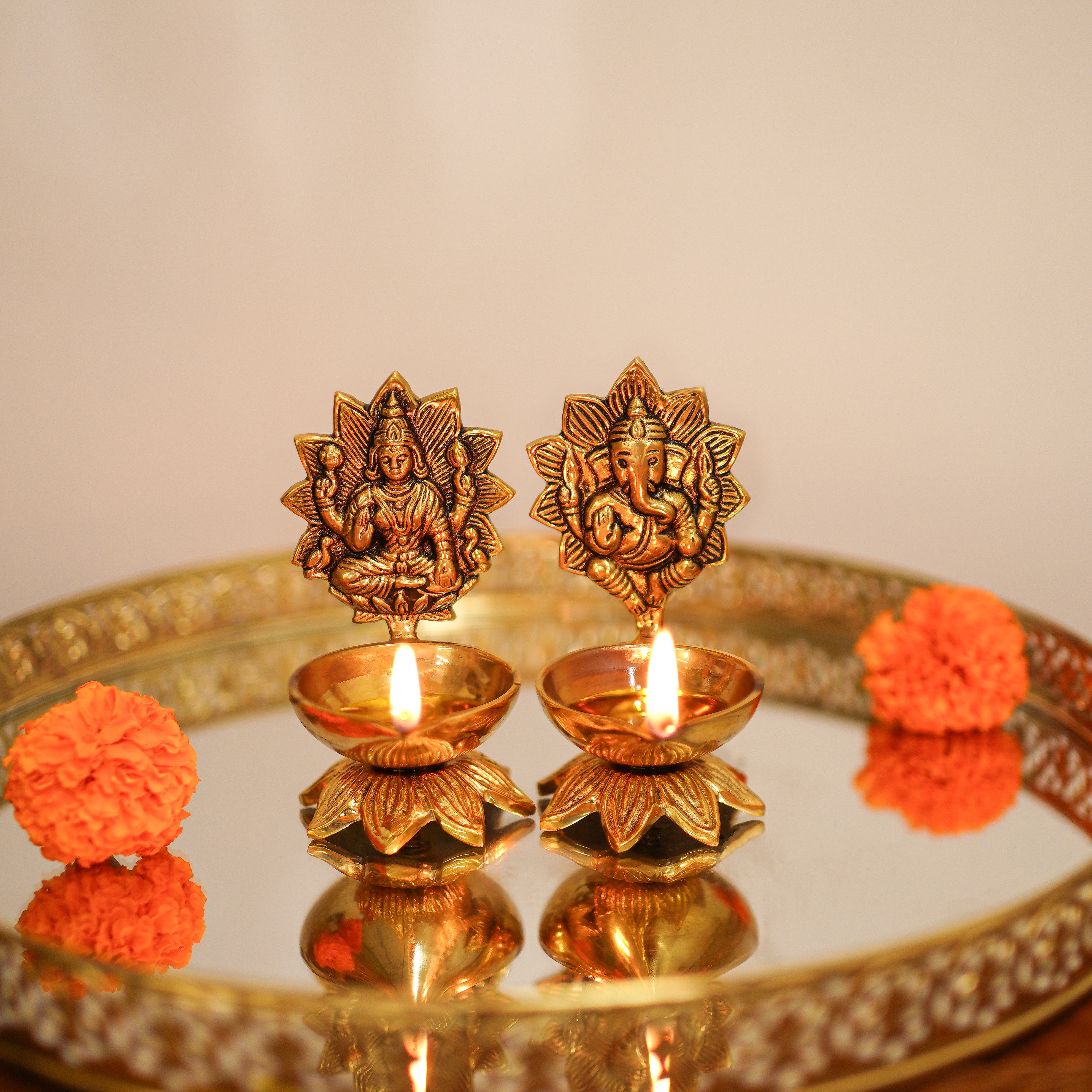 Brass Lakhsmi Ganesh Diya Set