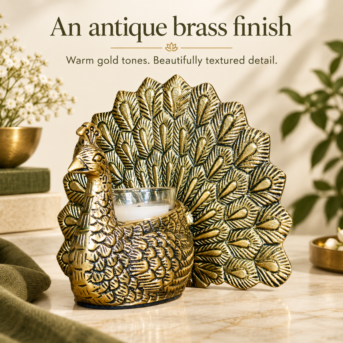 Antique Brass Finish Peacock Candle Holder