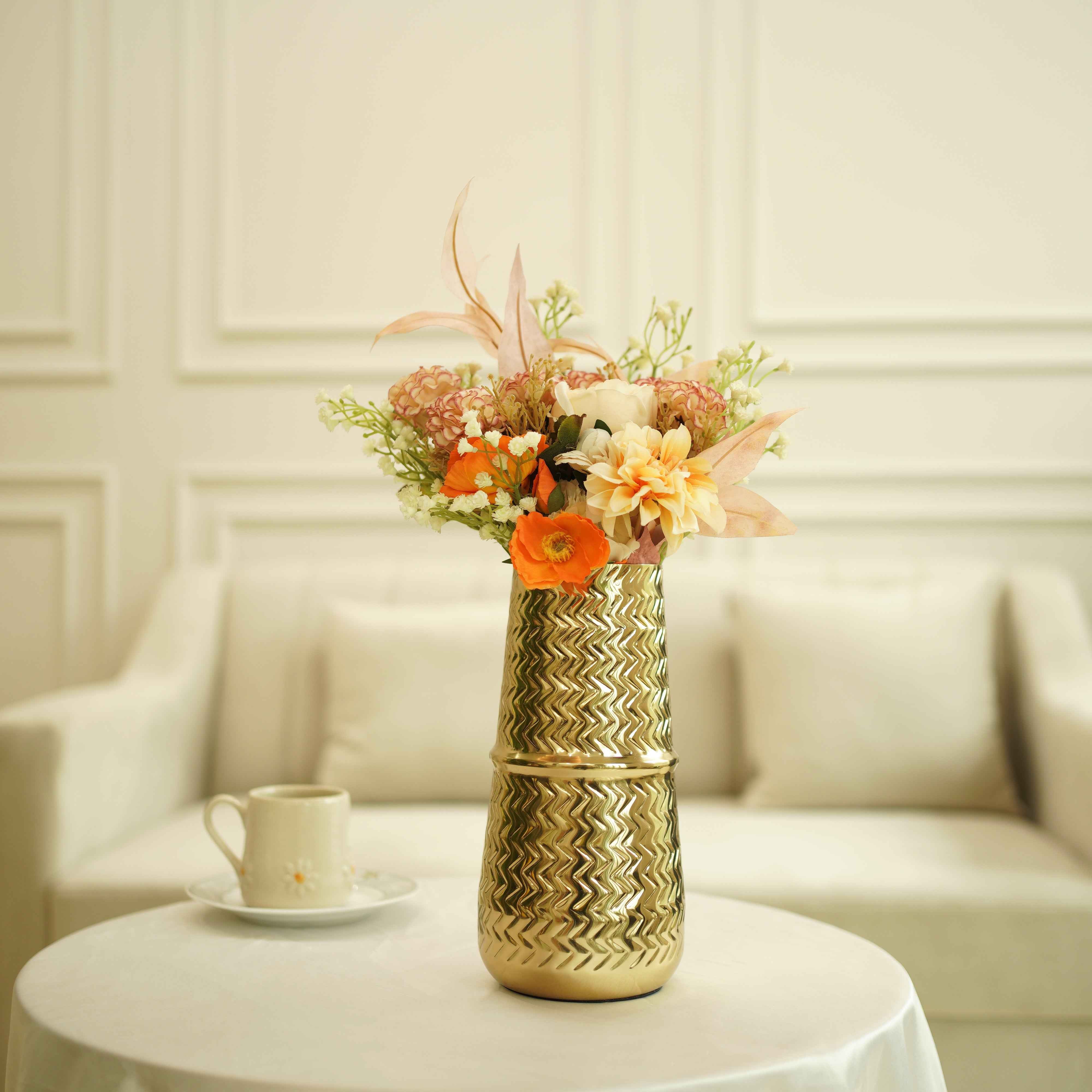 Arrow Embossed Metal Vase | Gold