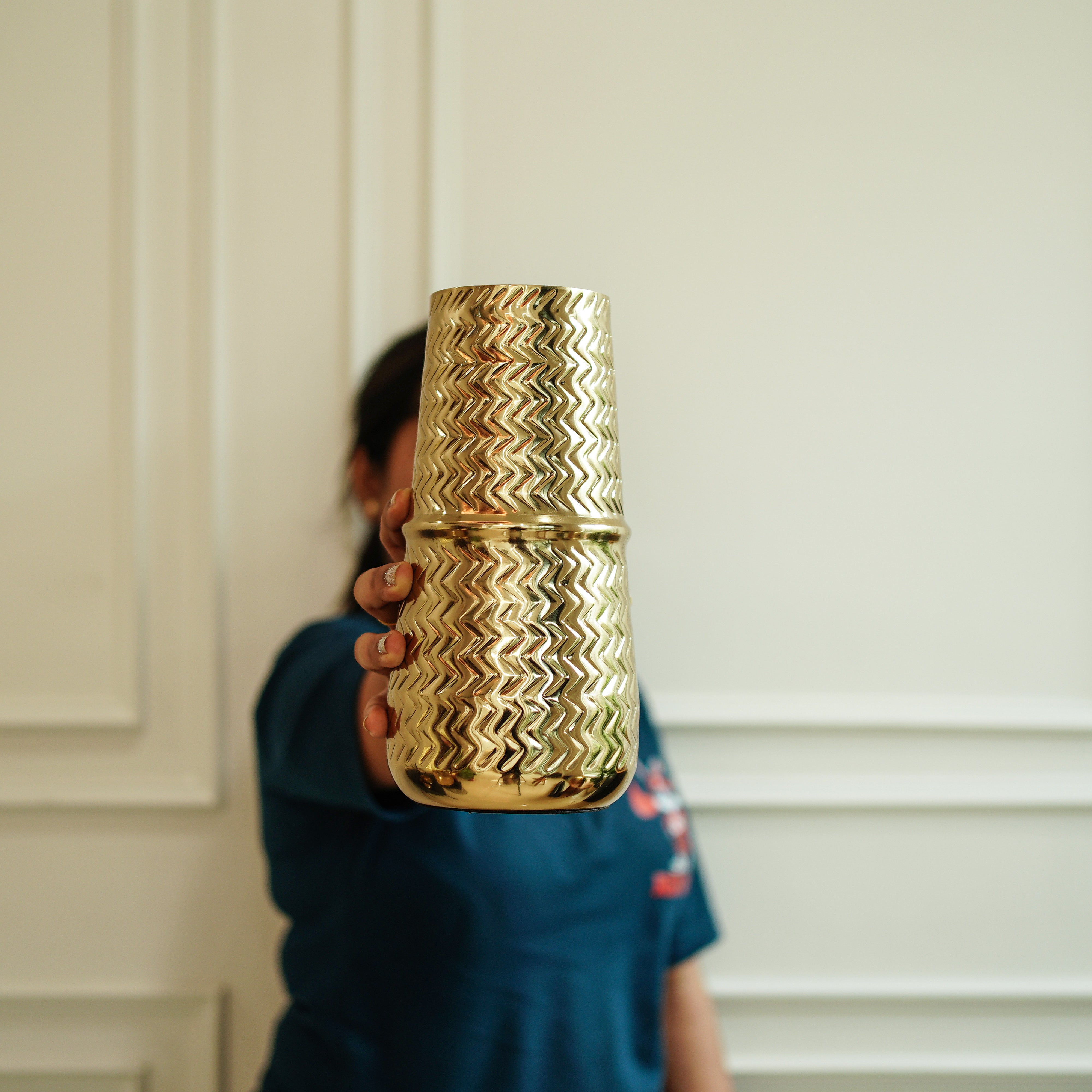 Arrow Embossed Metal Vase | Gold