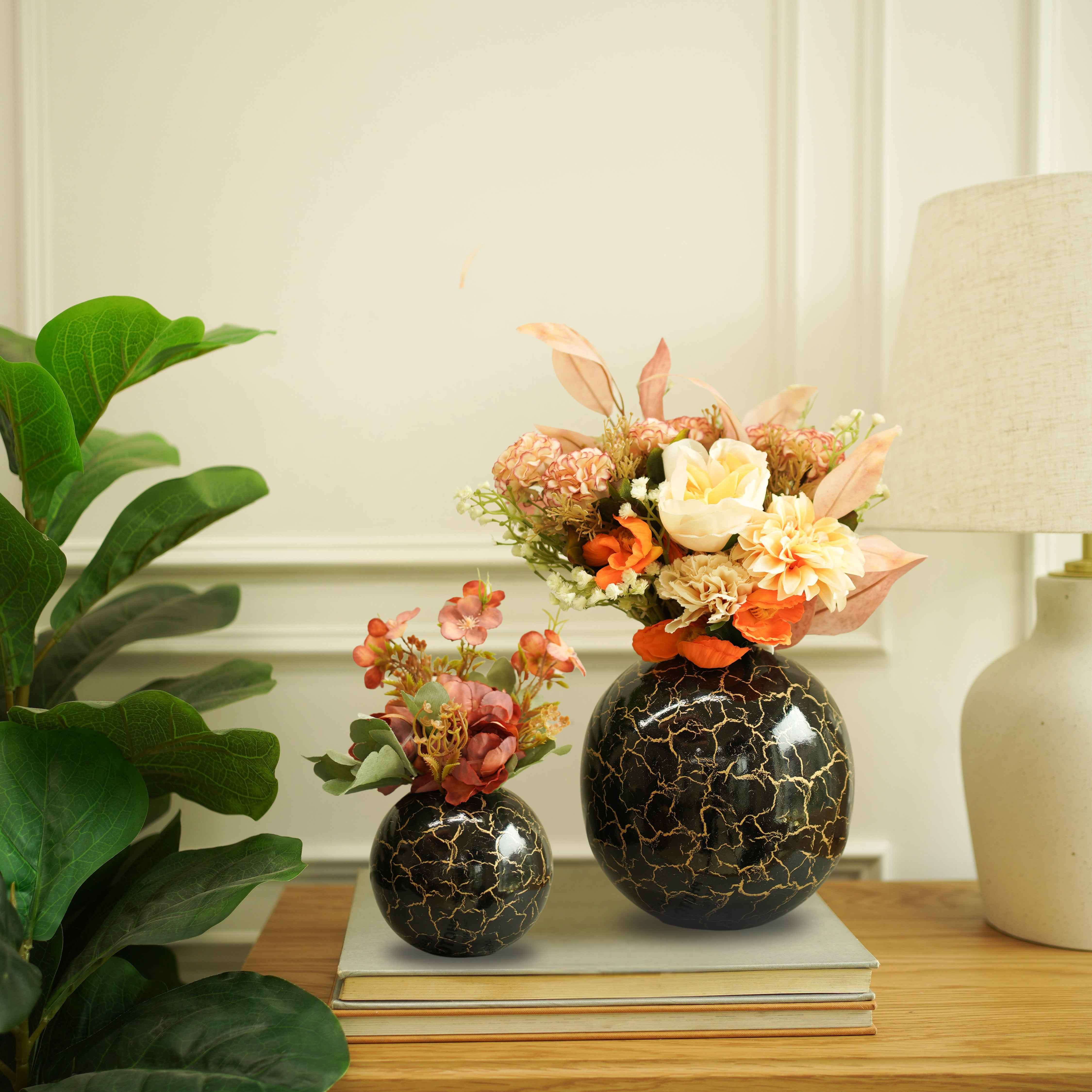 Metal Ball Flower Vase | Black and Golden Crackled