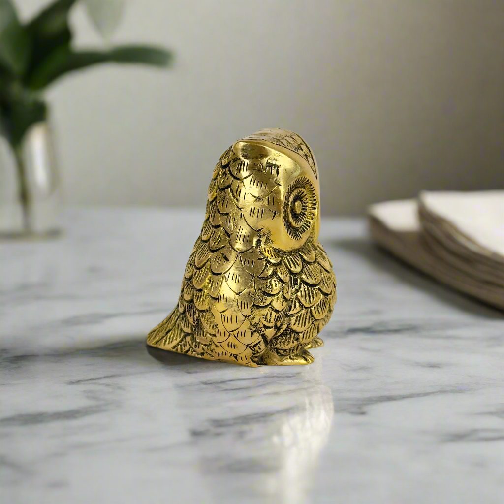 Product image of the Brass Owl Statue from Indian Impressions, featuring a finely detailed owl symbolizing wisdom and protection. Ideal for Vastu, home décor, or gifting, this handcrafted piece brings positive energy and elegance to any space.