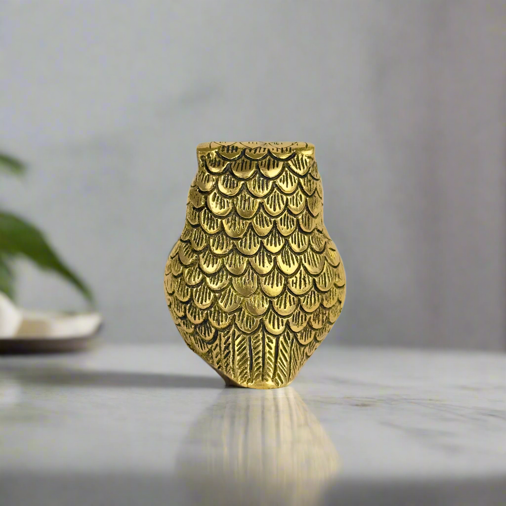 Product image of the Brass Owl Statue from Indian Impressions, featuring a finely detailed owl symbolizing wisdom and protection. Ideal for Vastu, home décor, or gifting, this handcrafted piece brings positive energy and elegance to any space.