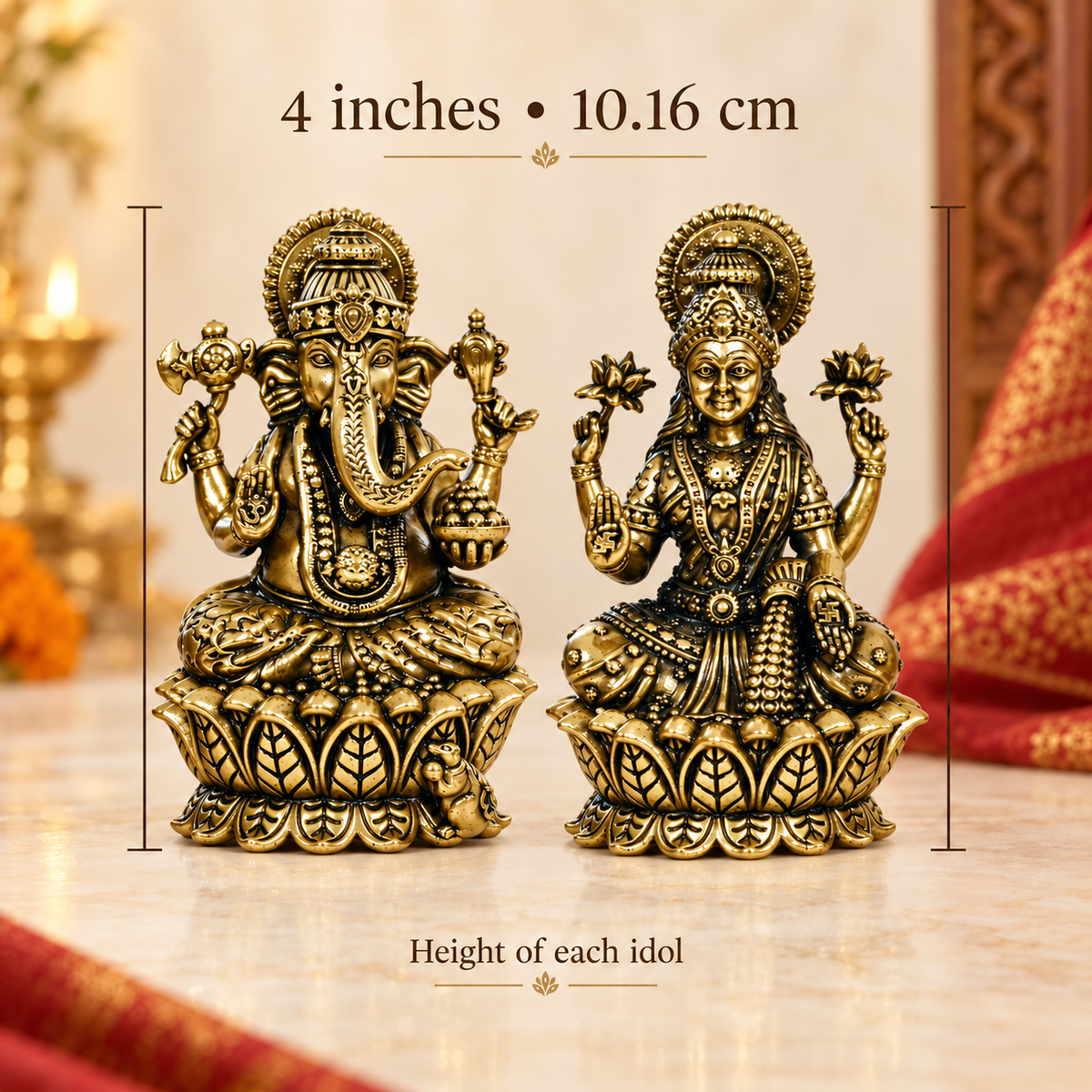 Brass Lakshmi Ganesha idol set, antique gold finish