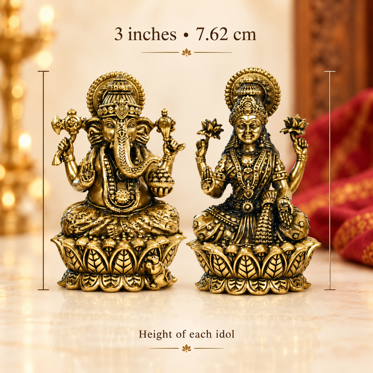 Brass Lakshmi Ganesha idol set, antique gold finish