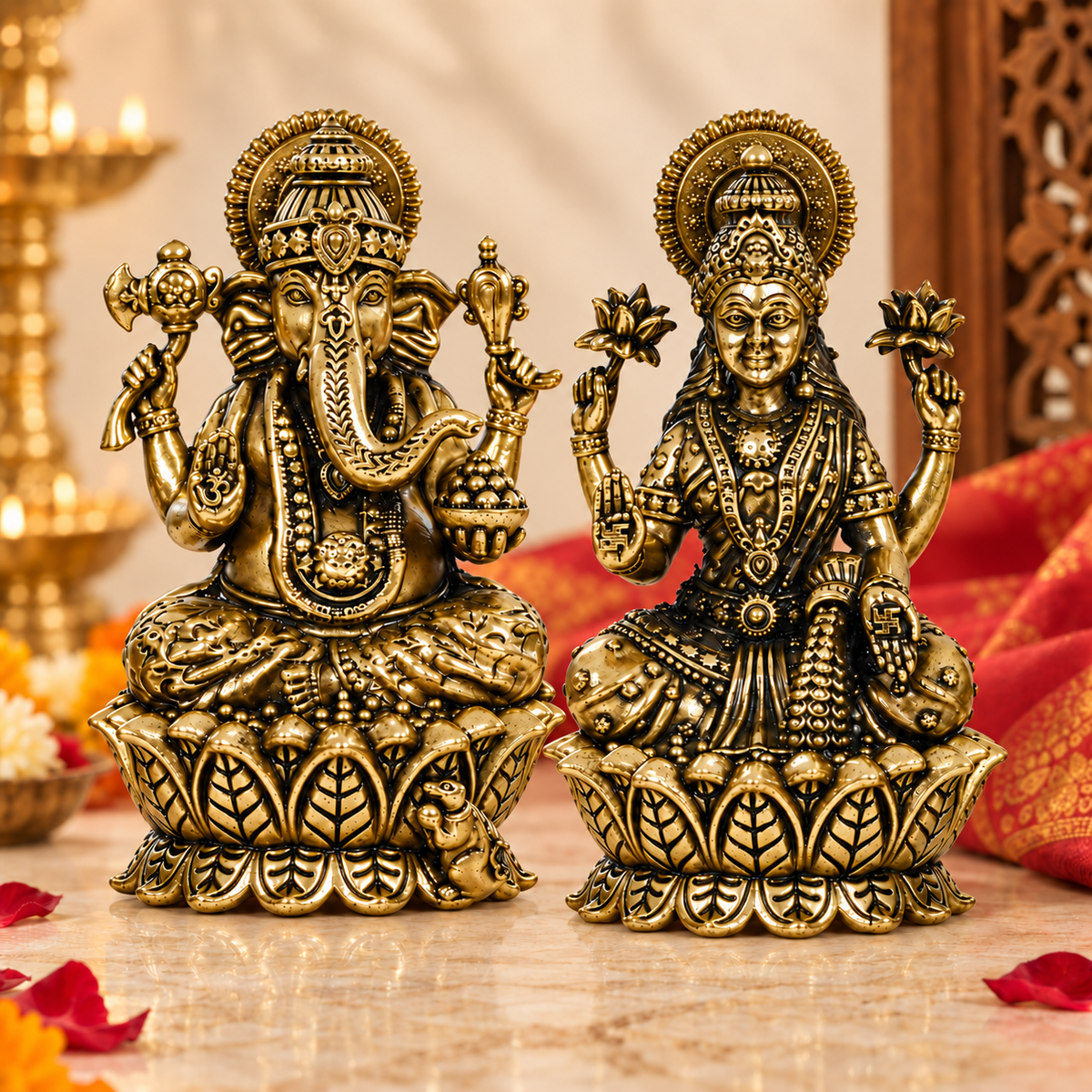 Brass Lakshmi Ganesha idol set, antique gold finish