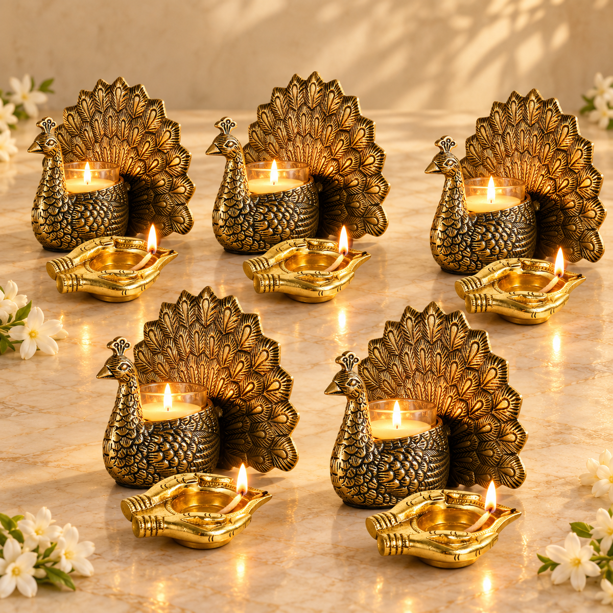 Corporate Diwali Gifting Pack of 5 - five antique brass peacock candle holders with lit tealights and five brass bhakti deepak lamps