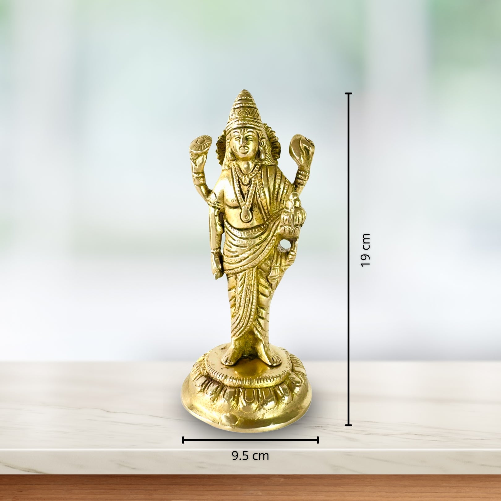Product image of a Brass Dhanvantri Idol from Indian Impressions, showcasing Lord Dhanvantri in a standing posture holding sacred items. The idol is intricately crafted with fine details and features a polished brass finish, ideal for Vastu, spiritual practices, home décor, or gifting to promote health and well-being.