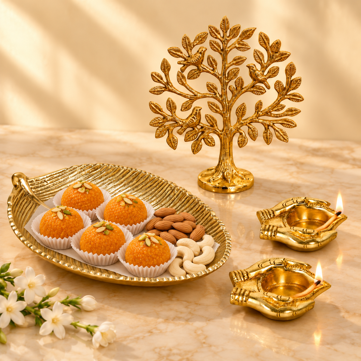 Griha Pravesh housewarming hamper - brass Kalpvriksh tree, gold leaf platter of laddoos and nuts, and two lit brass bhakti deepak lamps