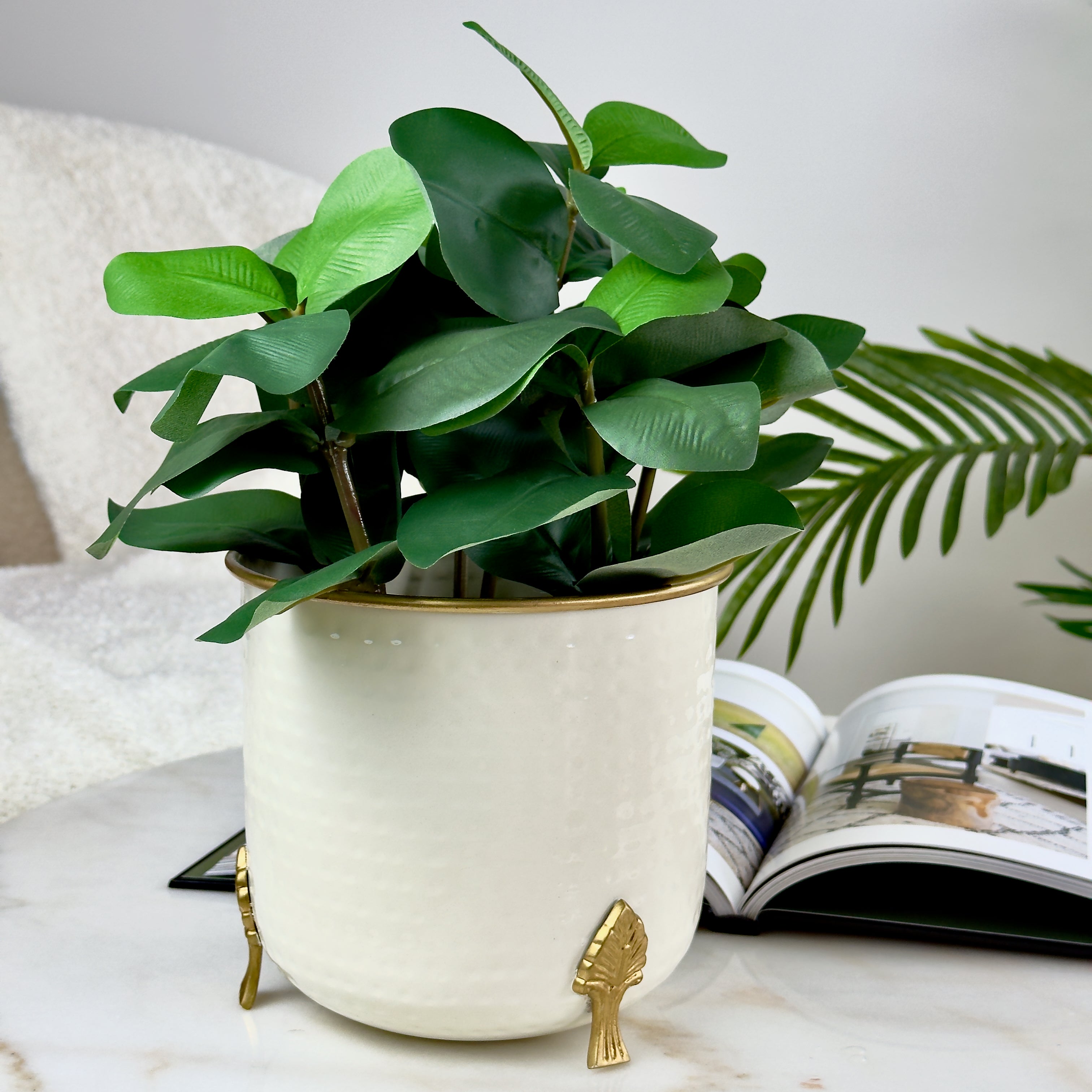 Product image of a Metal Hammered Gold Rim Leaf Leg Planter in White from Indian Impressions, featuring a sleek white body with a hammered texture and a gold rim for an elegant finish. Supported by sturdy leaf-patterned legs, this planter is ideal for enhancing Vastu energy, modern home décor, or gifting, adding sophistication to any space.