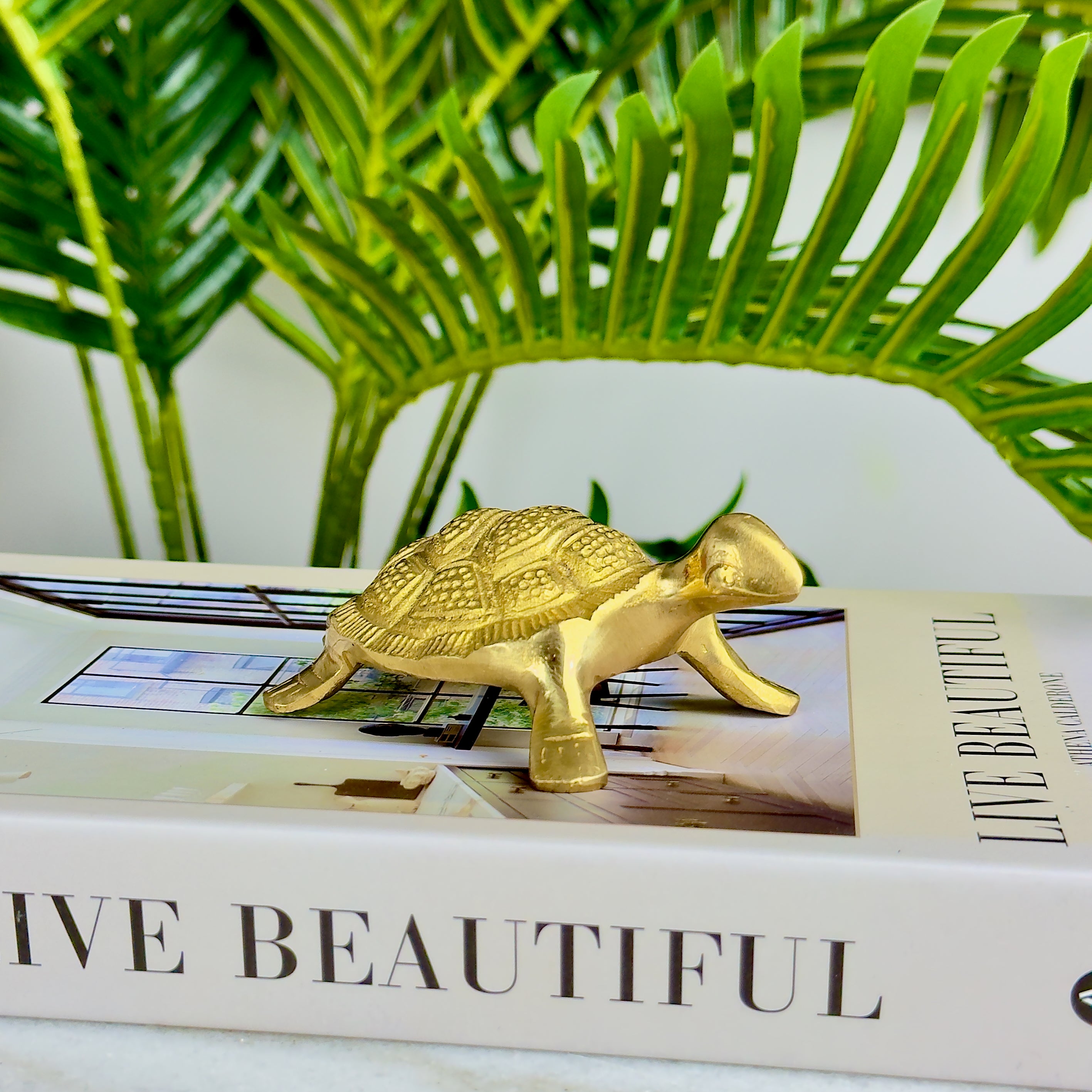 A brass turtle statue with intricate detailing