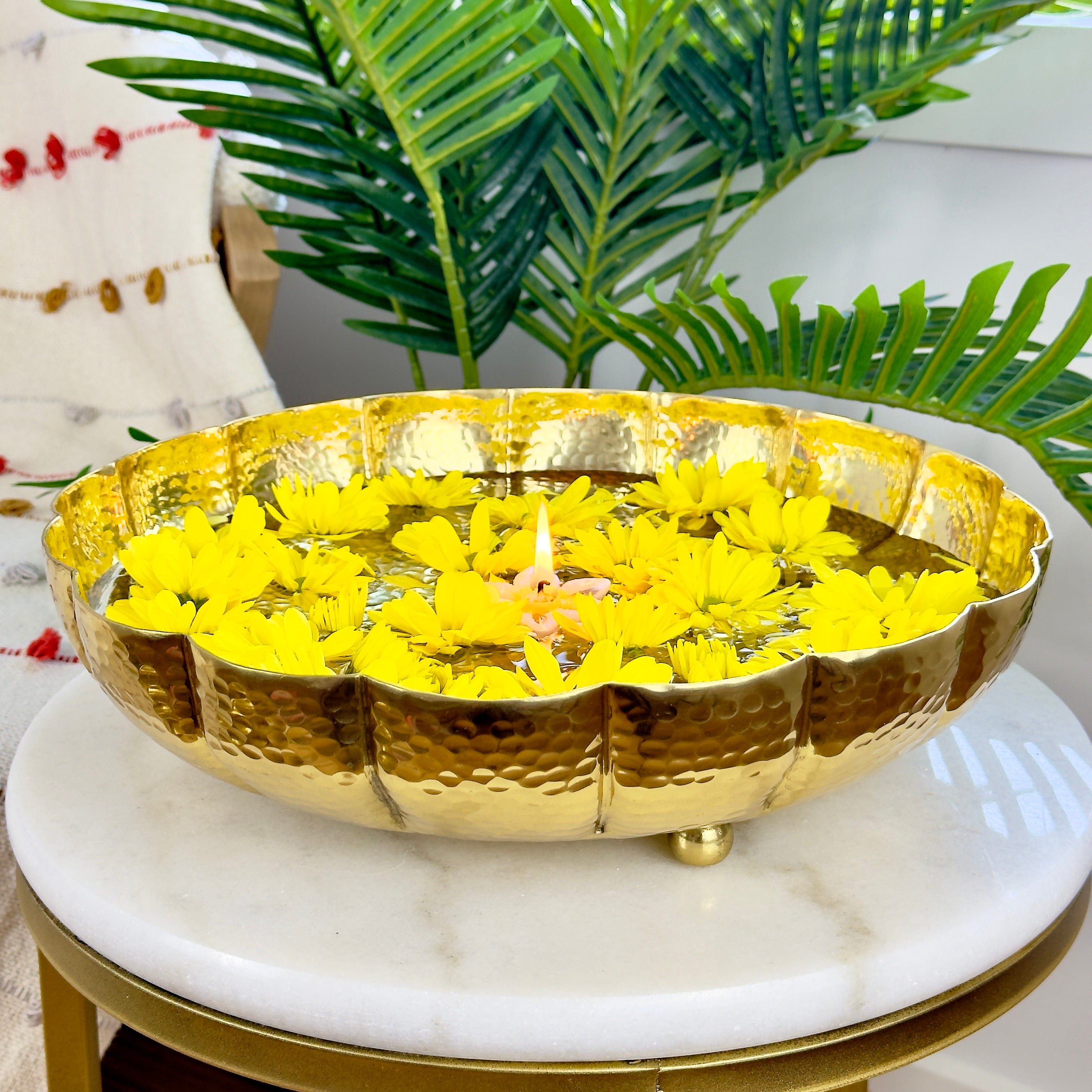 Product image of the Juhi Urli from Indian Impressions, featuring a sleek, handcrafted design with a polished gold-colored finish. Made from aluminum, this lightweight urli is perfect for Vastu, home décor, festive decorations, or gifting, adding a touch of elegance and positivity to any space.