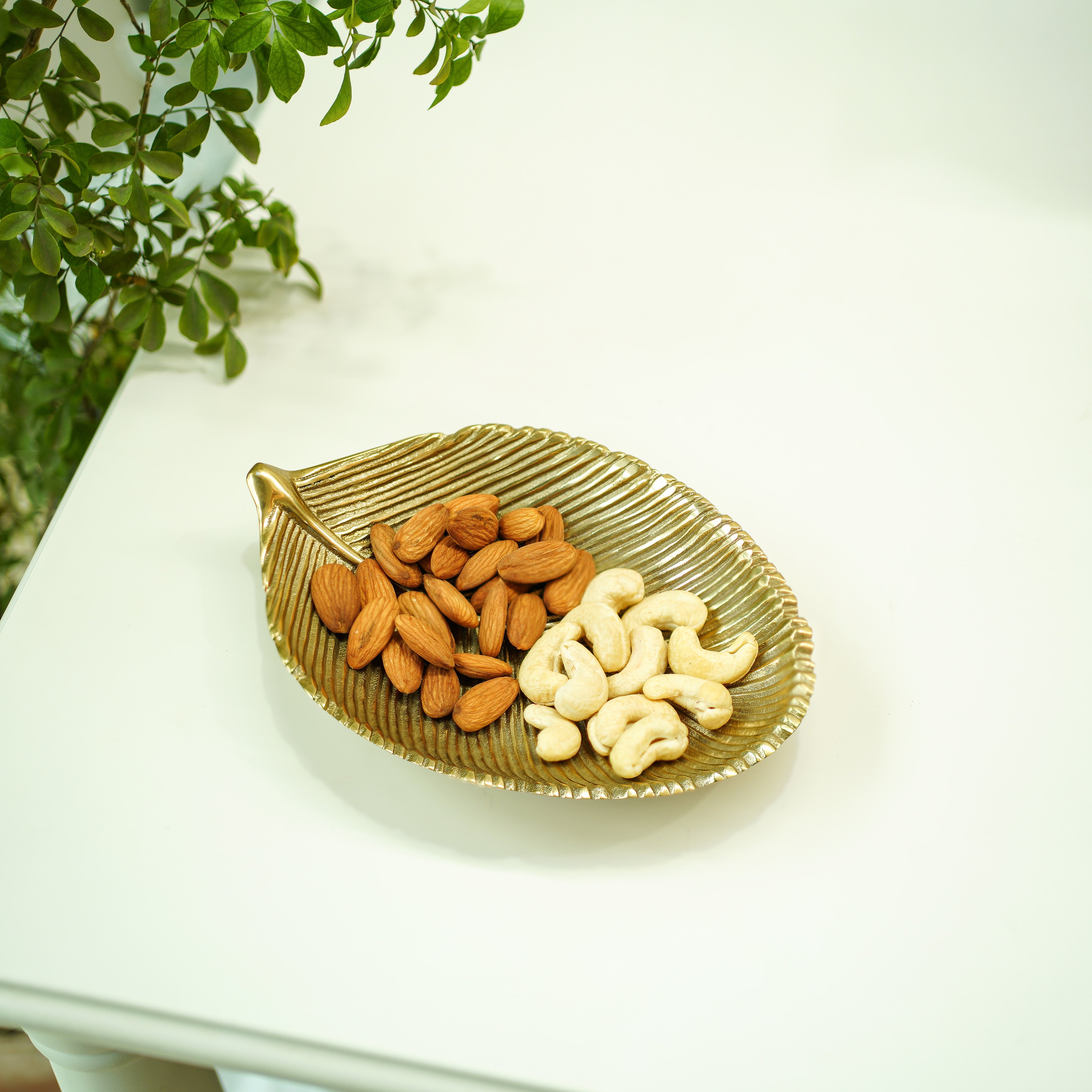 Leaf-shaped bowl with almonds and cashews on a white surface with a plant in the background