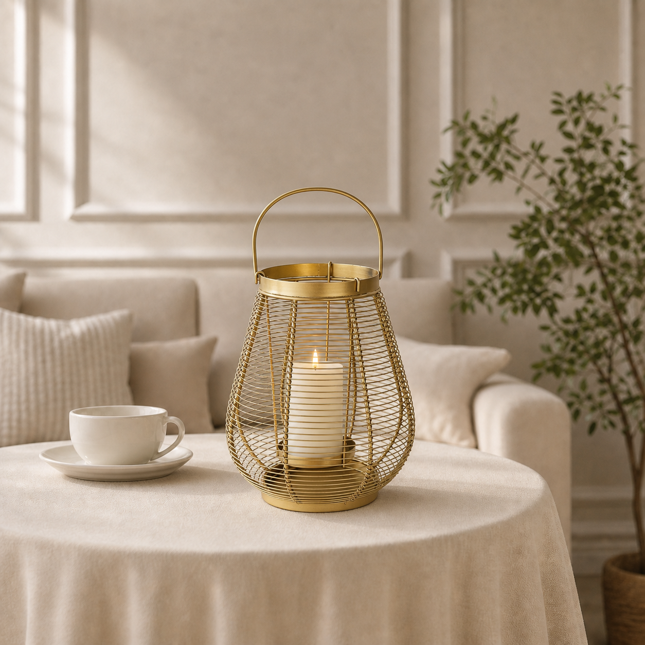 A gold wire lantern candle holder with a handle, containing a white candle, styled on a round table in a cozy living room setting.