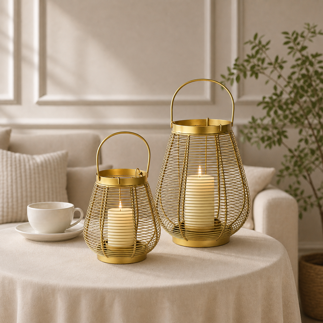 Two gold wire lantern candle holders with built-in candle flames, displayed on a round table in a softly styled living room setting.