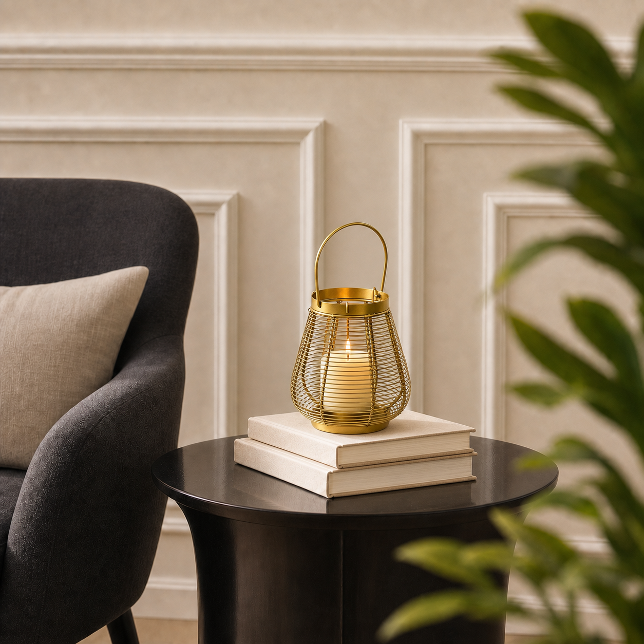 A gold metal wire lantern candle holder with a handle, holding a lit cream candle, styled on two white books on a dark round side table next to a gray armchair in a decorated room.