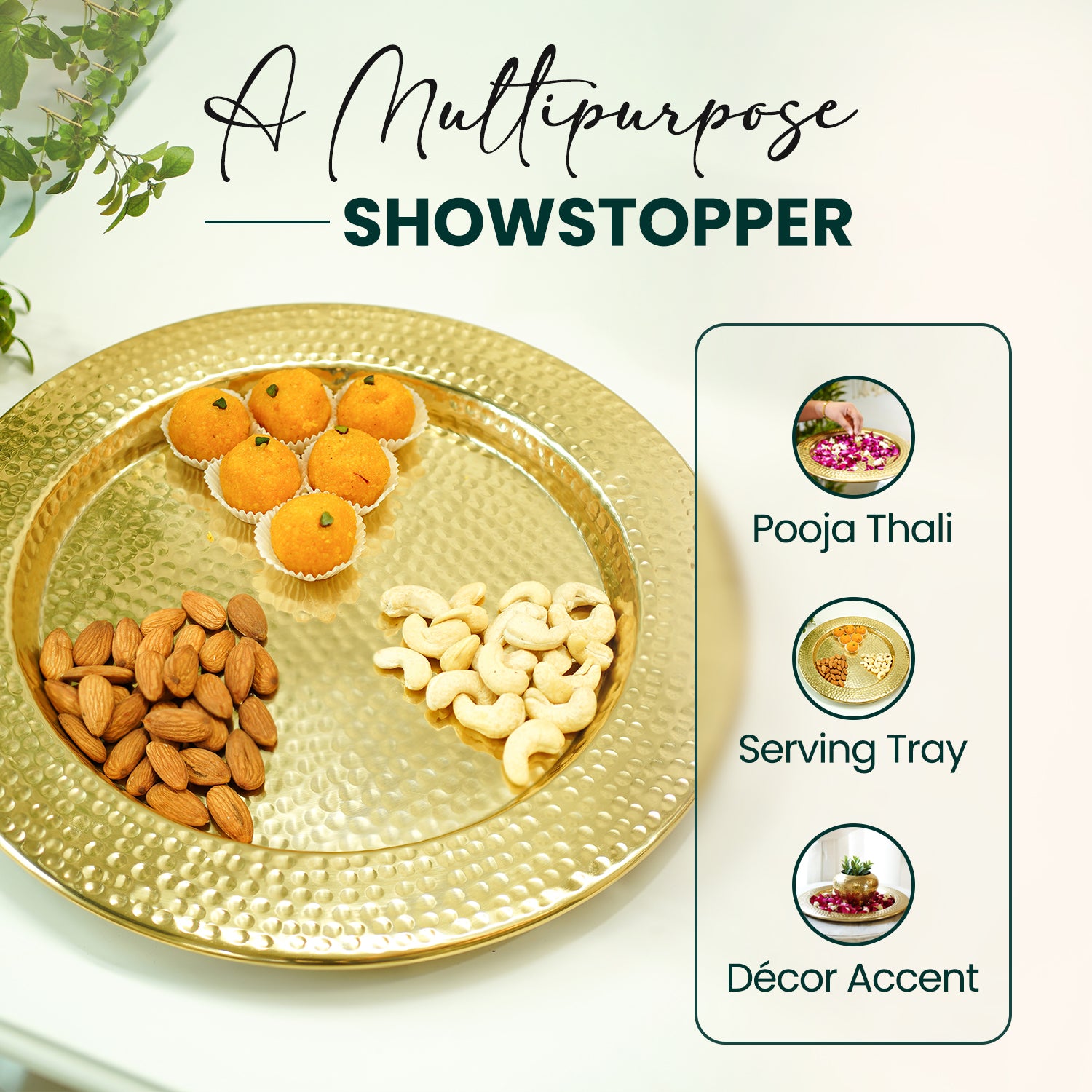 Gold tray with almonds, cashews, and oranges on a white background with text 'A Multipurpose Showstopper'.
