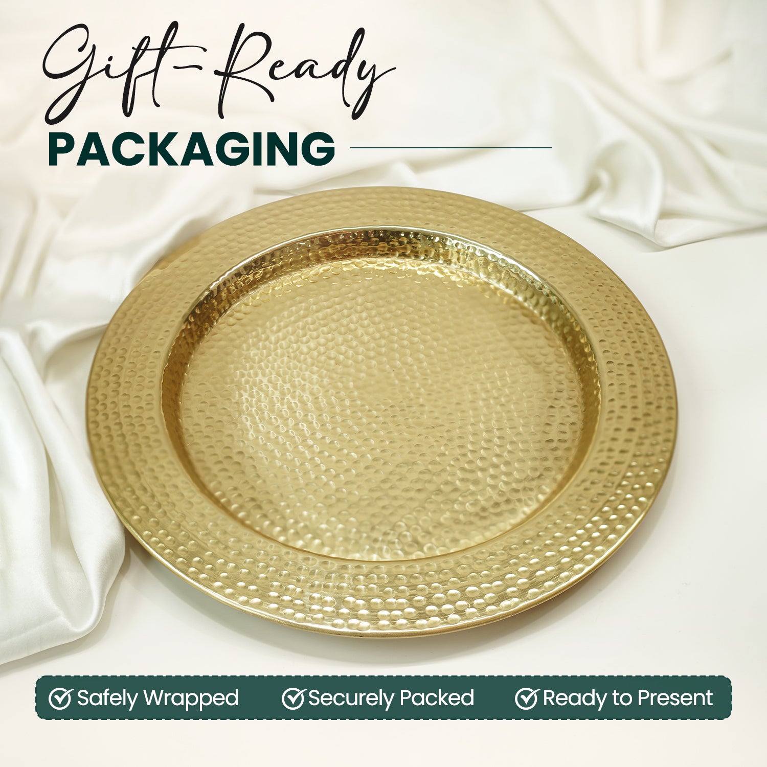 Gold hammered tray on a white fabric background with 'Gift-Ready Packaging' text.