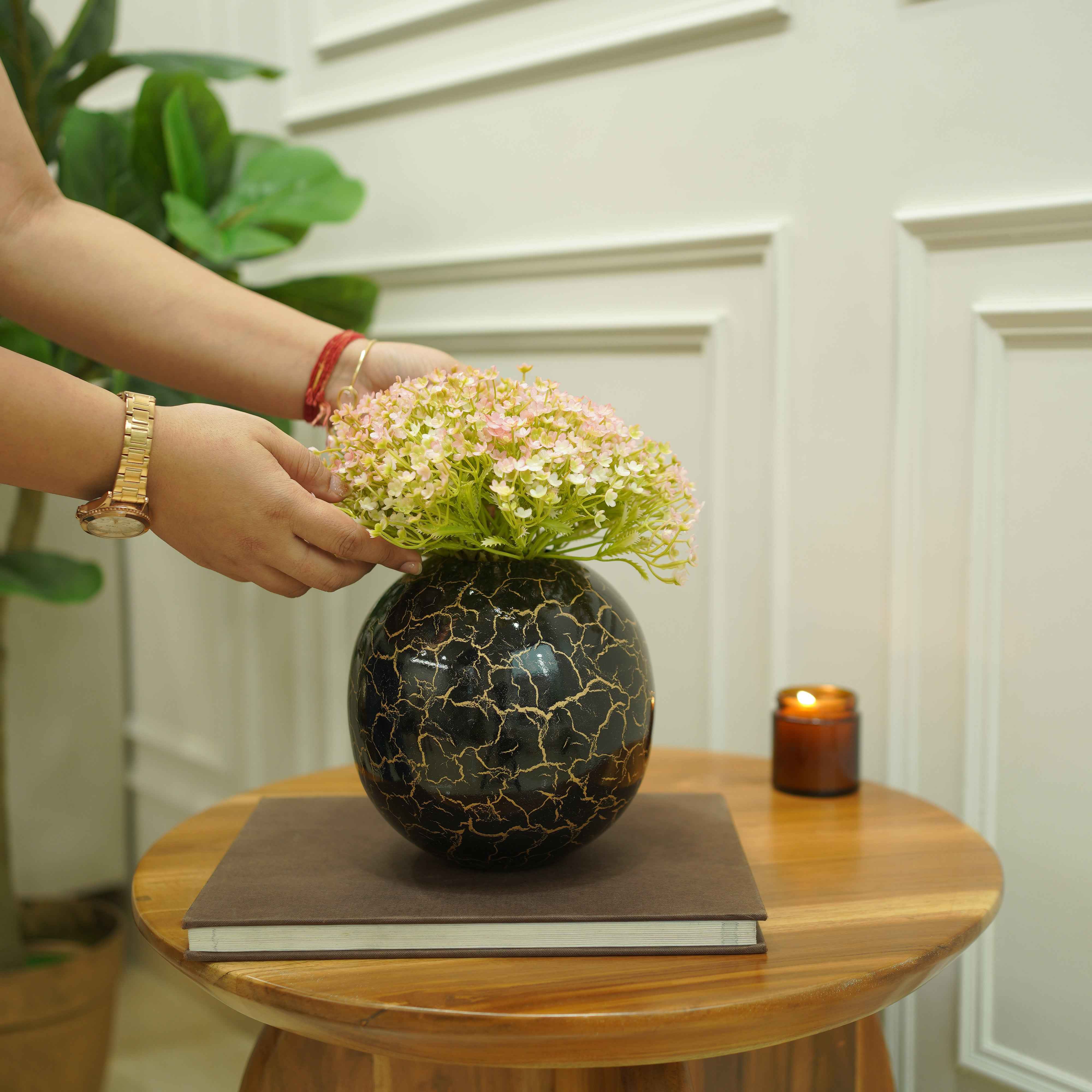 Metal Ball Flower Vase | Black and Golden Crackled