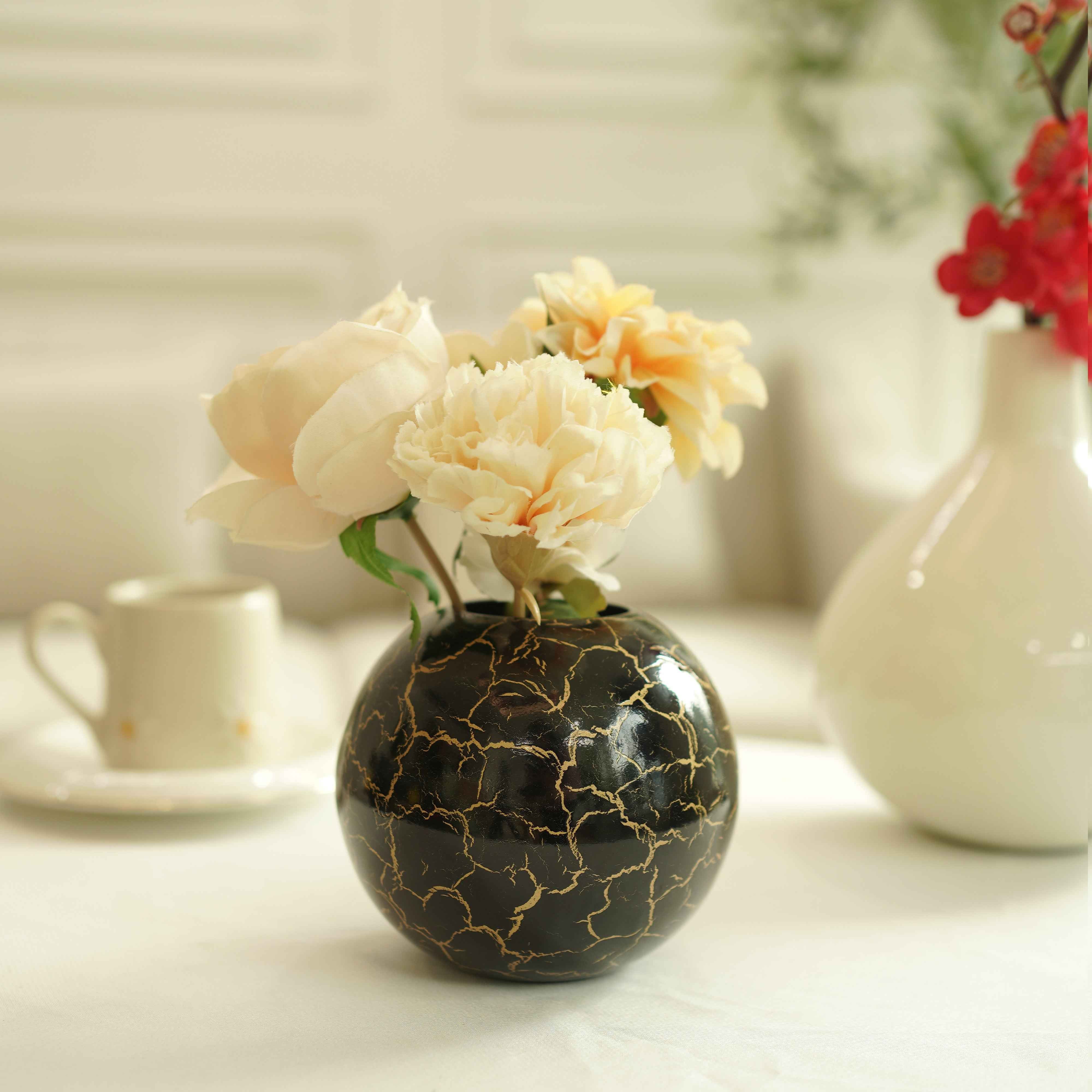 Metal Ball Flower Vase | Black and Golden Crackled