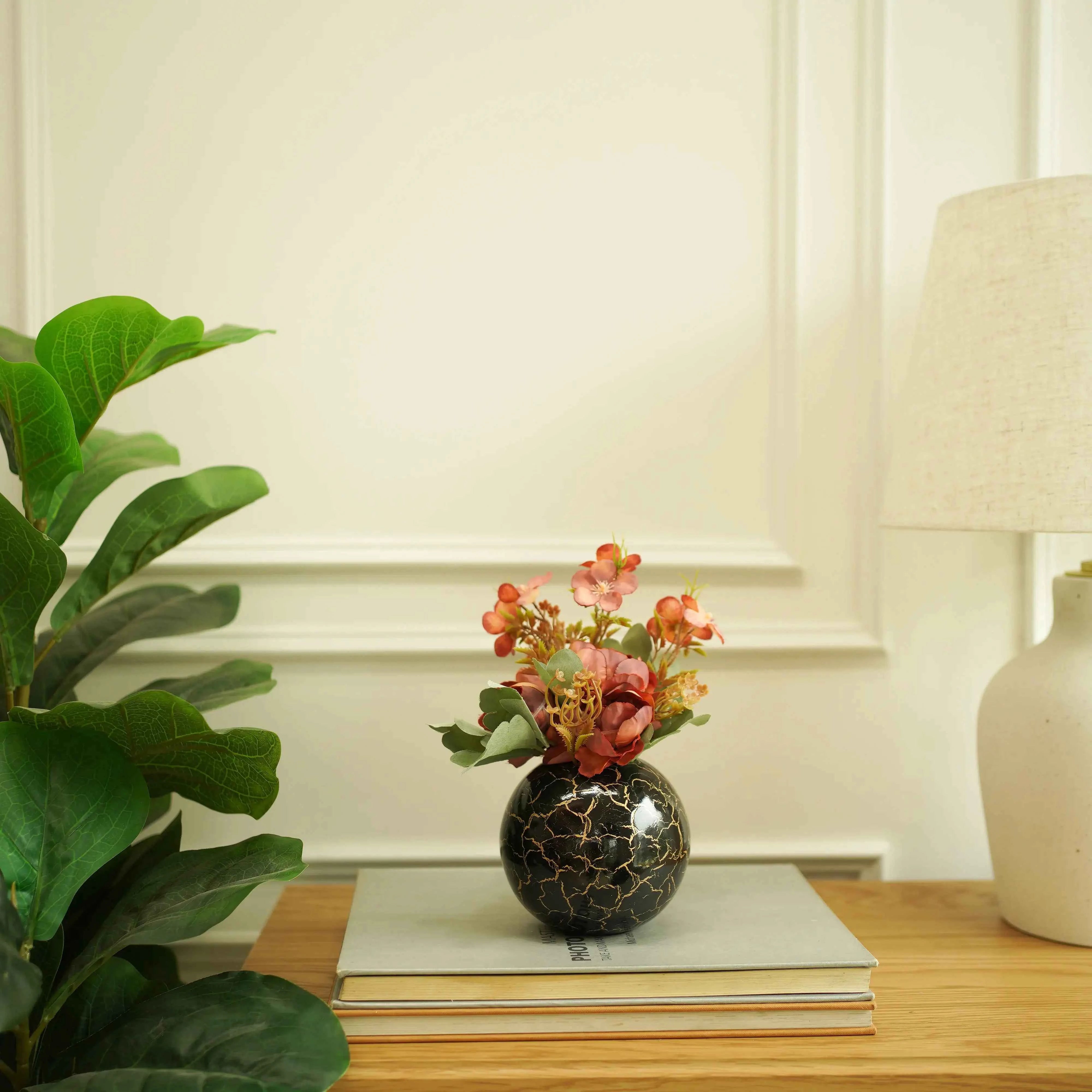 Metal Ball Flower Vase | Black and Golden Crackled