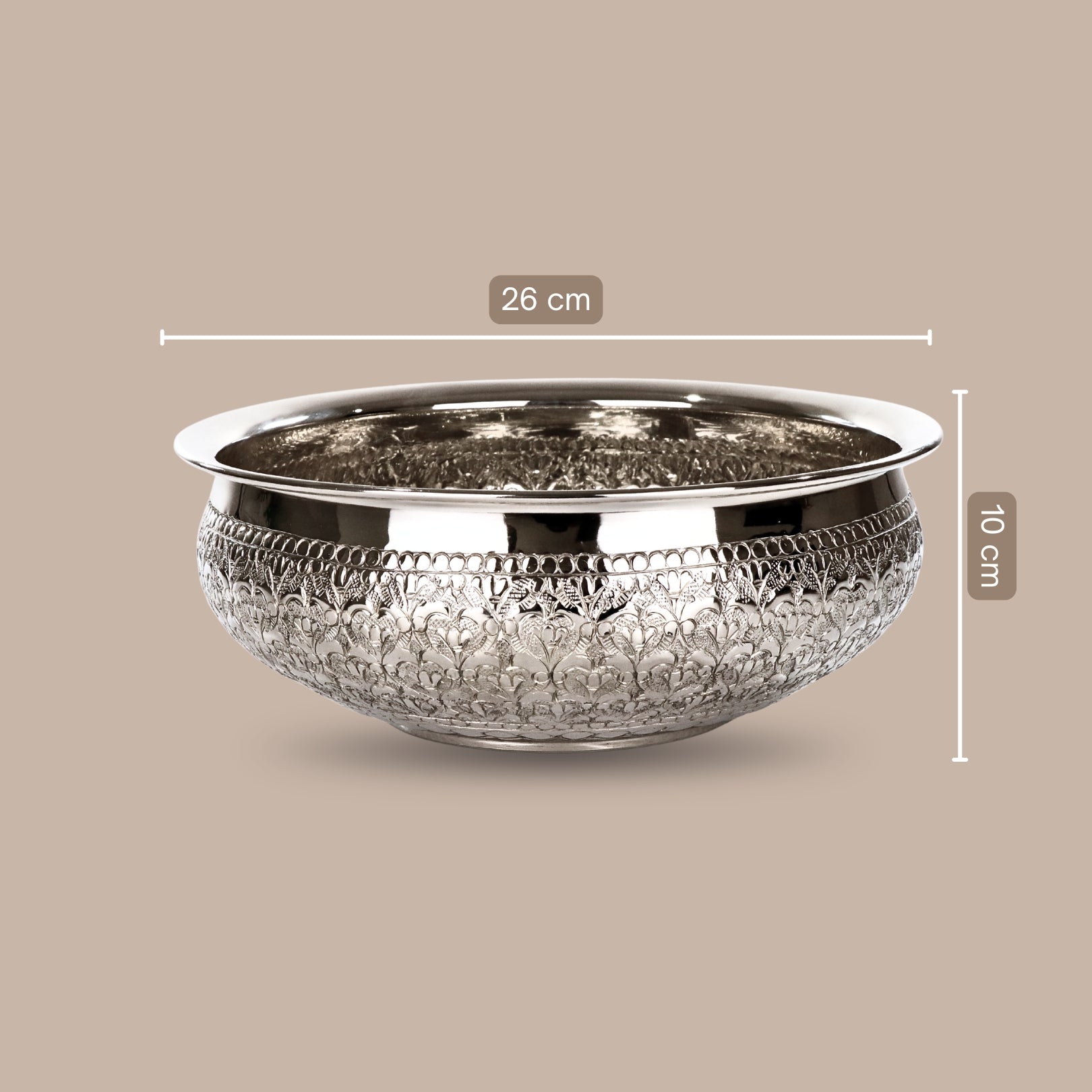 Product image of the Modini Chitai Urli Silver from Indian Impressions, showcasing an intricately handcrafted design with detailed patterns. Made with a polished silver-tone finish, this urli is perfect for Vastu, home décor, festive decorations, or gifting, bringing elegance and positive energy to any space.