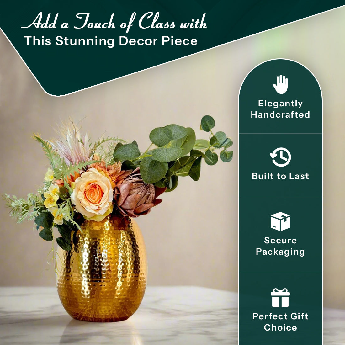 Product image of the Oval Vase Hammered Gold from Indian Impressions, featuring a sleek oval design with a textured hammered finish. Crafted with a polished gold-tone, this vase is perfect for displaying flowers or as a standalone décor piece. Ideal for Vastu, home décor, or gifting, adding elegance and sophistication to any space.