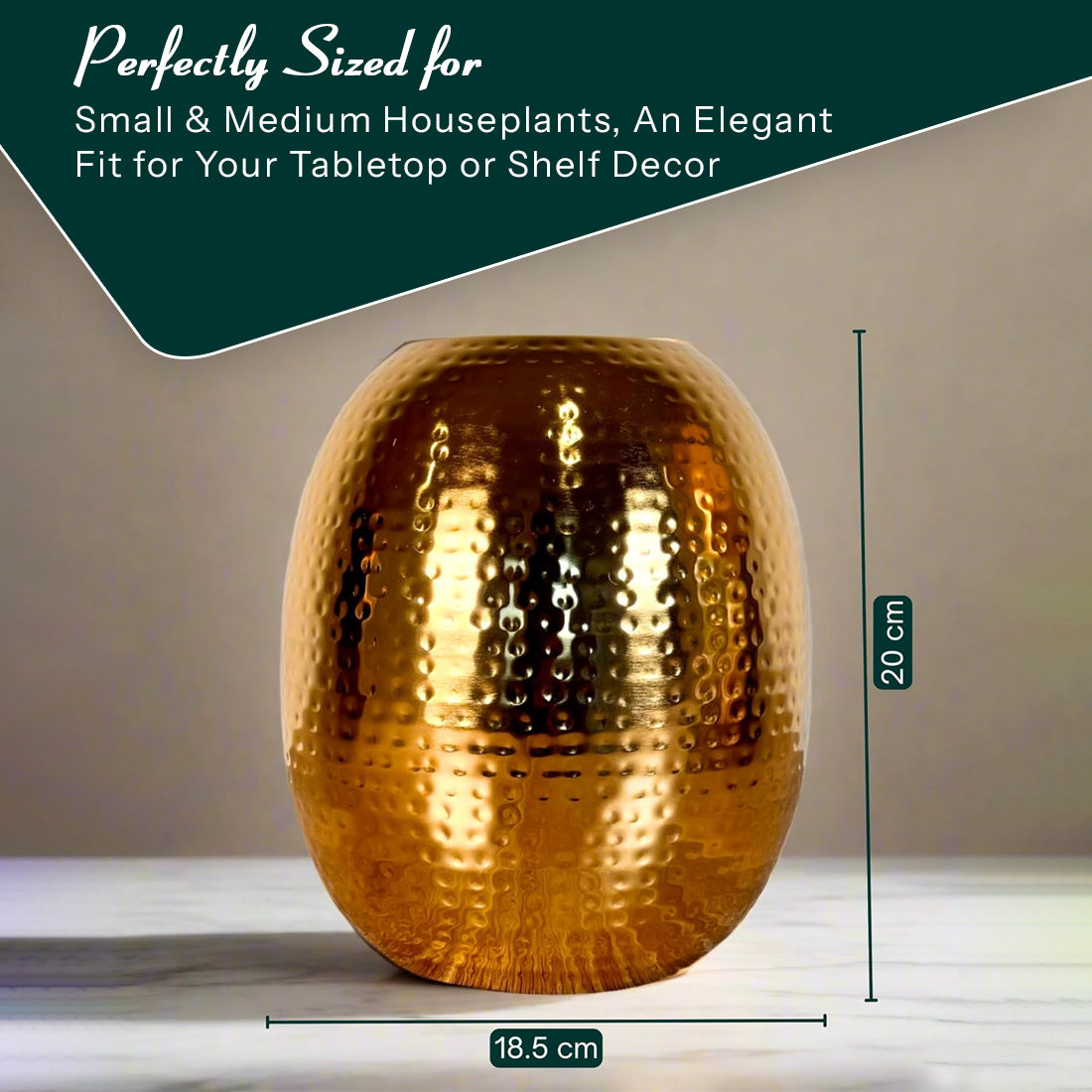 Product image of the Oval Vase Hammered Gold from Indian Impressions, featuring a sleek oval design with a textured hammered finish. Crafted with a polished gold-tone, this vase is perfect for displaying flowers or as a standalone décor piece. Ideal for Vastu, home décor, or gifting, adding elegance and sophistication to any space.
