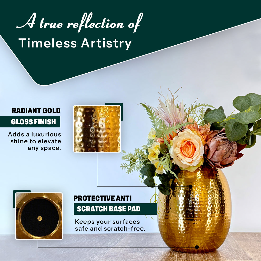 Product image of the Oval Vase Hammered Gold from Indian Impressions, featuring a sleek oval design with a textured hammered finish. Crafted with a polished gold-tone, this vase is perfect for displaying flowers or as a standalone décor piece. Ideal for Vastu, home décor, or gifting, adding elegance and sophistication to any space.