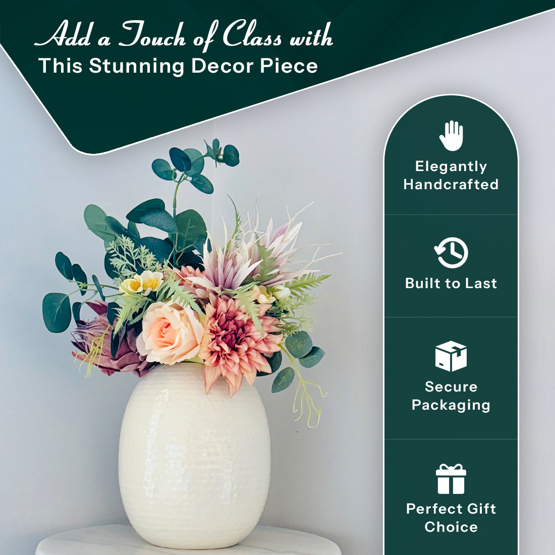 Product image of the Oval Vase Hammered White from Indian Impressions, featuring a sleek oval shape with a textured hammered finish. Designed with a polished white tone, this vase is ideal for displaying flowers or as a standalone décor piece. Perfect for Vastu, home décor, or gifting, bringing a modern and elegant touch to any space.