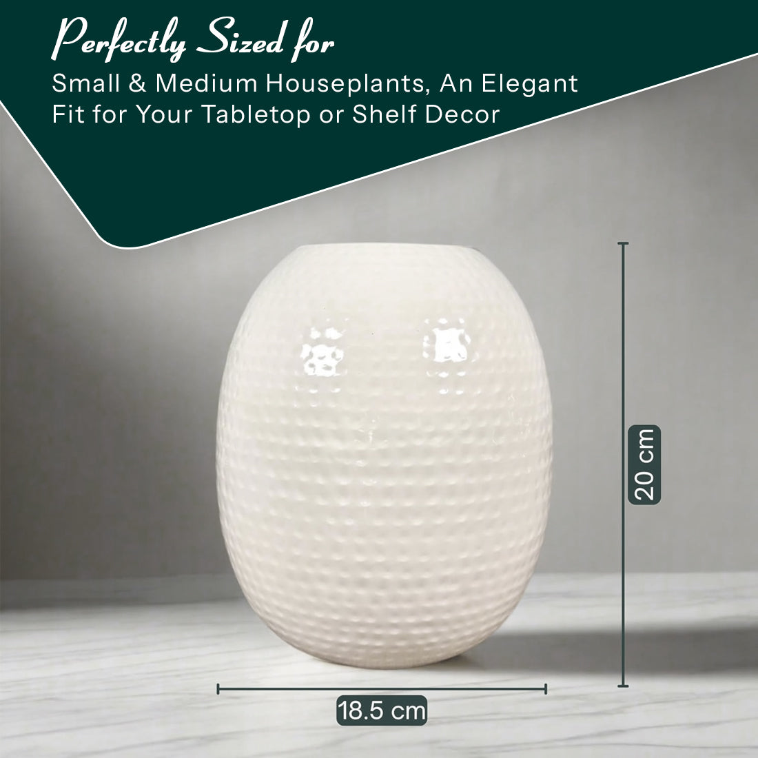 Product image of the Oval Vase Hammered White from Indian Impressions, featuring a sleek oval shape with a textured hammered finish. Designed with a polished white tone, this vase is ideal for displaying flowers or as a standalone décor piece. Perfect for Vastu, home décor, or gifting, bringing a modern and elegant touch to any space.