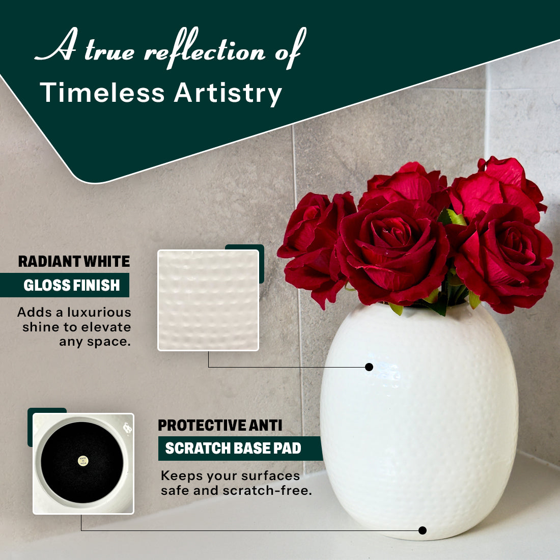 Product image of the Oval Vase Hammered White from Indian Impressions, featuring a sleek oval shape with a textured hammered finish. Designed with a polished white tone, this vase is ideal for displaying flowers or as a standalone décor piece. Perfect for Vastu, home décor, or gifting, bringing a modern and elegant touch to any space.