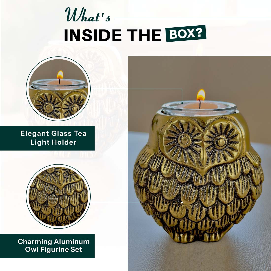 Product image of the Owl Figurine Pair Tea light Holder with Antique Brass Finish from Indian Impressions, featuring two intricately designed owl statues with detailed craftsmanship. Symbolizing wisdom and protection, these figurines are ideal for Vastu, home décor, or gifting, adding a touch of charm and positive energy to any space.