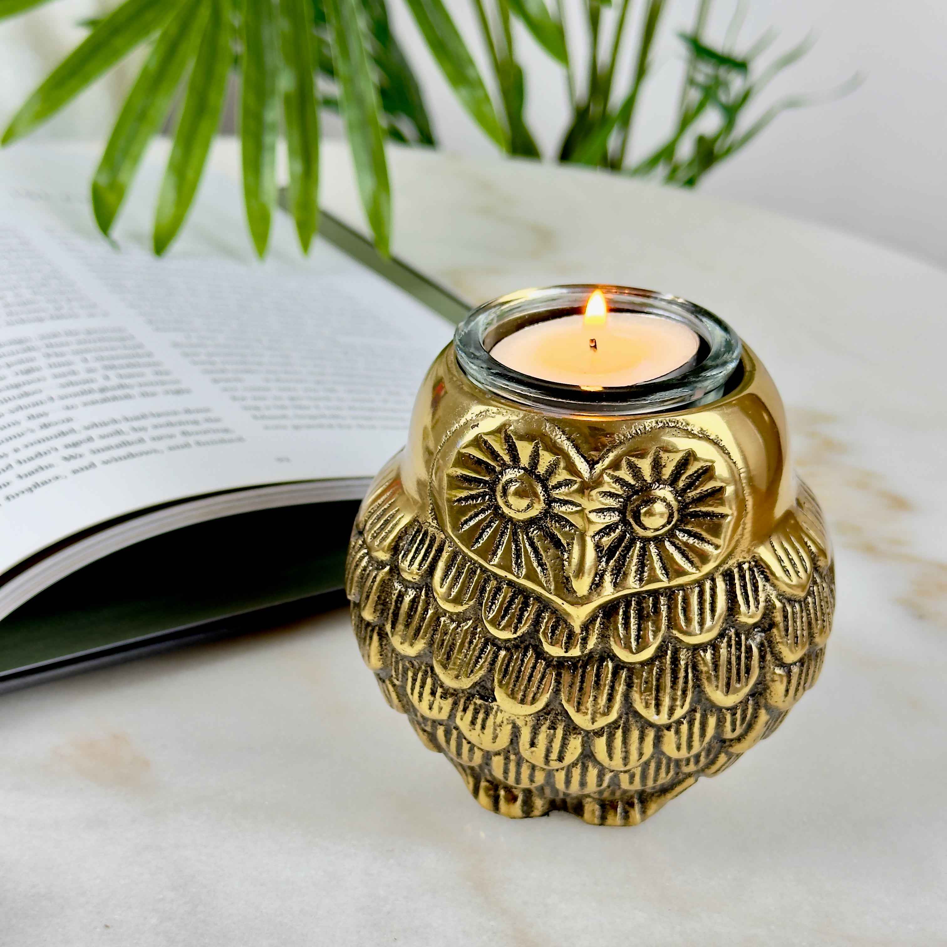 Owl Figurine Pair Tea Light Holder, Antique Brass Finish