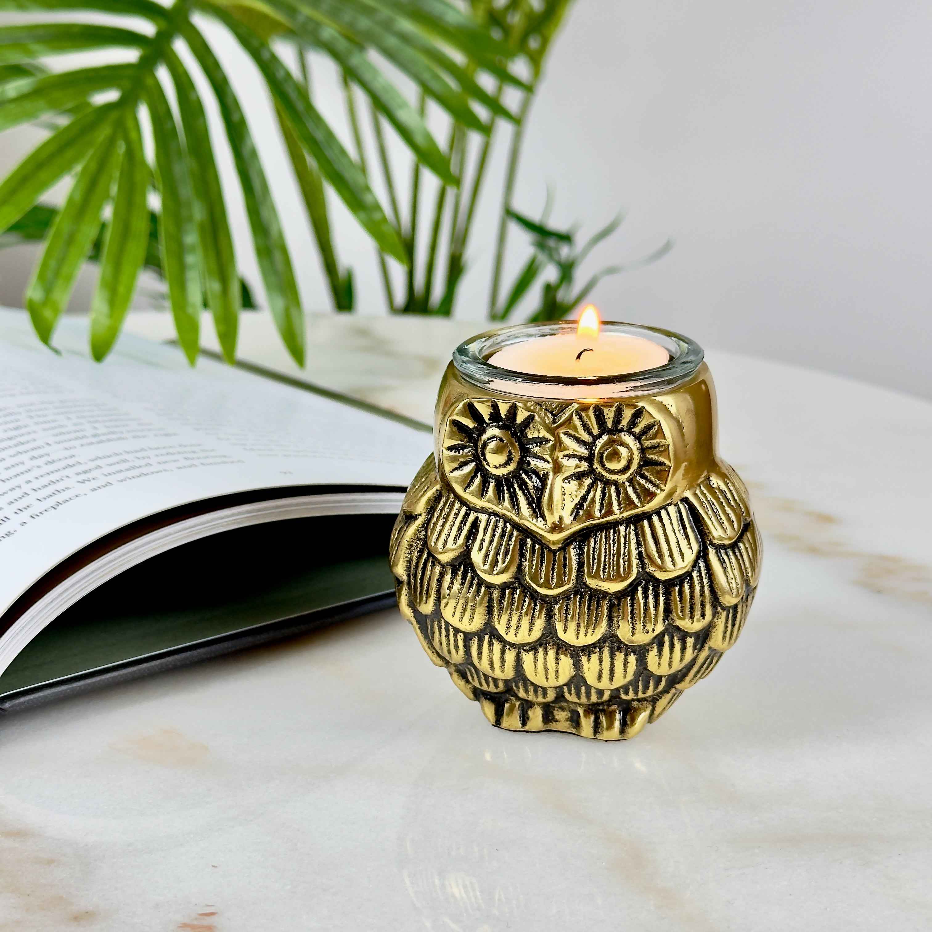Owl Figurine Pair Tea Light Holder, Antique Brass Finish