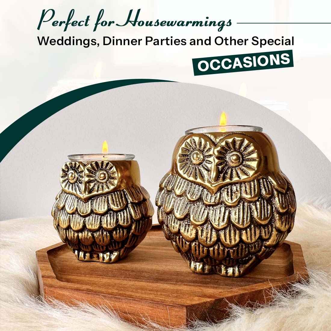Owl Figurine Pair Tea Light Holder, Antique Brass Finish