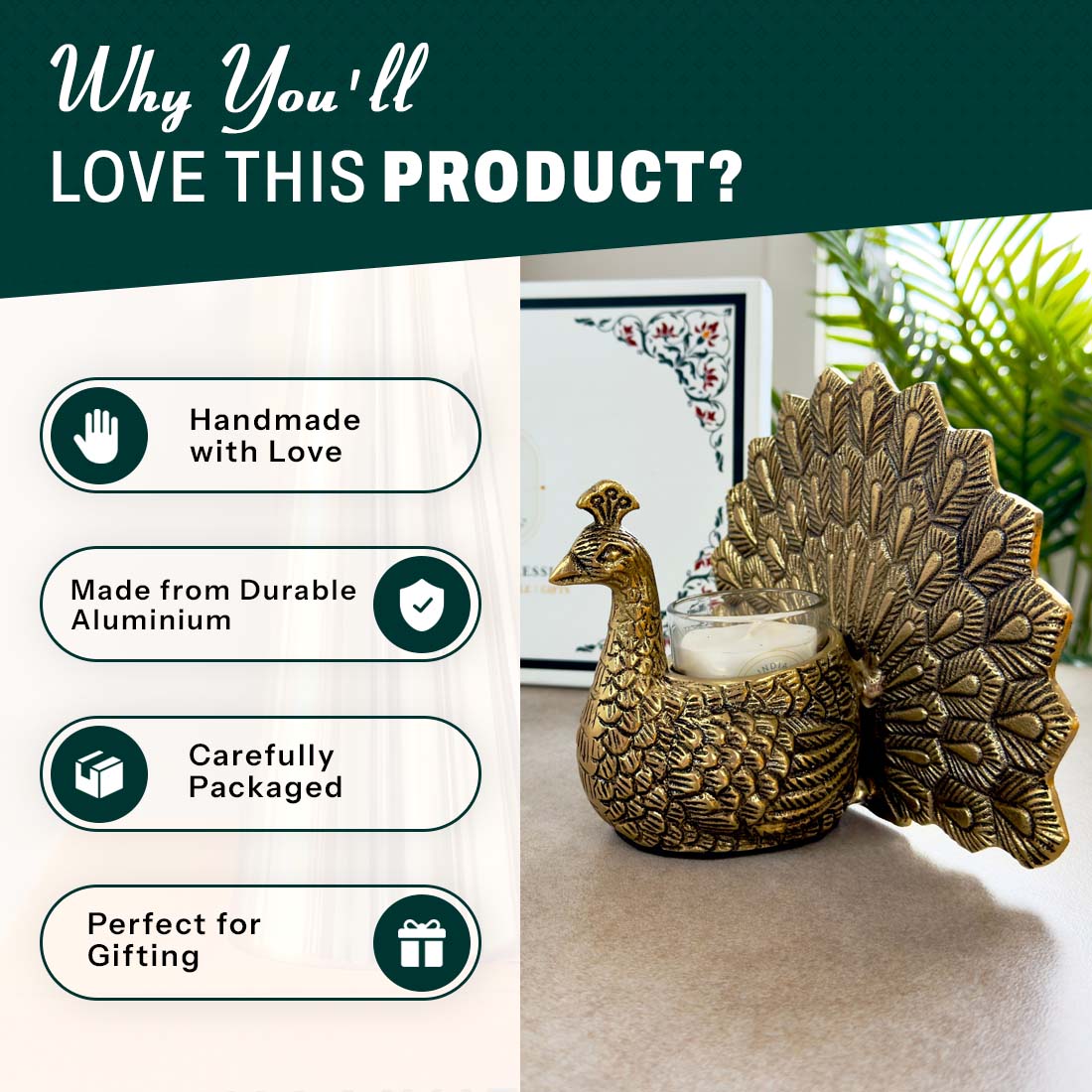 Product image of the Peacock Candle Holder with Antique Brass Finish from Indian Impressions, showcasing a stunning peacock design with intricate detailing and a vintage-inspired finish. Ideal for holding candles, this piece is perfect for Vastu, home décor, festive occasions, or gifting, adding elegance and positive energy to any space.