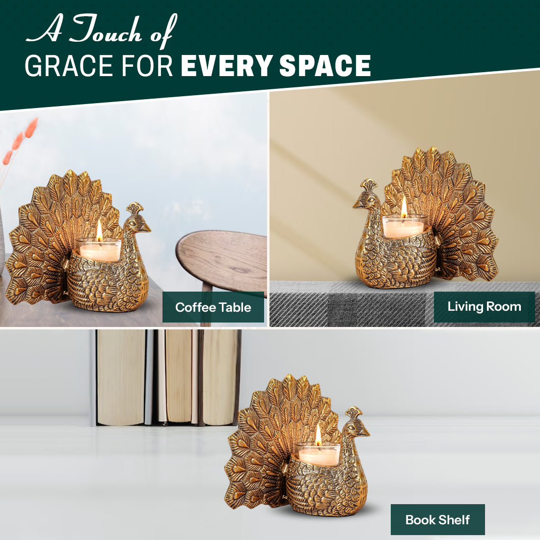Product image of the Peacock Candle Holder with Antique Brass Finish from Indian Impressions, showcasing a stunning peacock design with intricate detailing and a vintage-inspired finish. Ideal for holding candles, this piece is perfect for Vastu, home décor, festive occasions, or gifting, adding elegance and positive energy to any space.